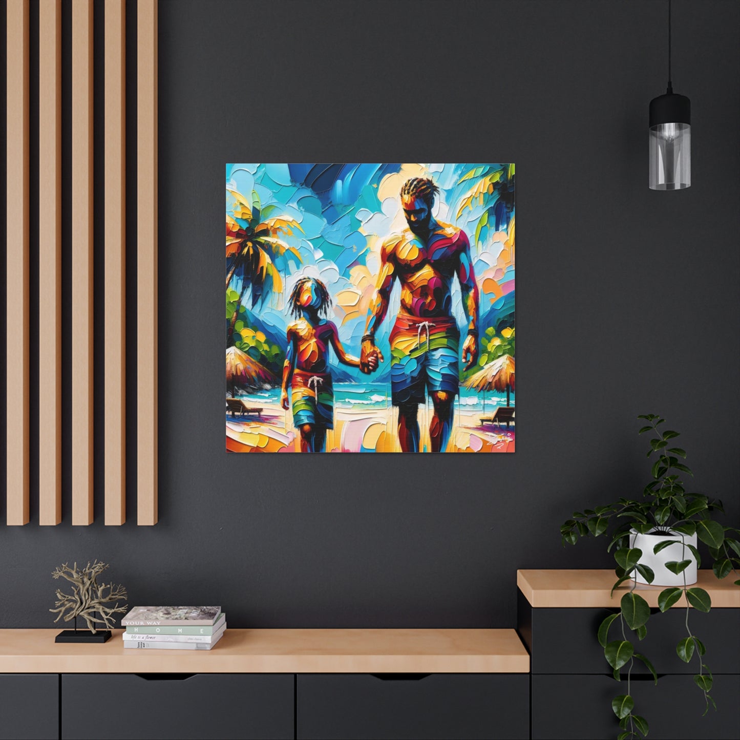 Art Print, Afro-Caribbean Father & Son, Oil Finish, West Indian Ethnicity, Cultural, Heritage, Semi-Abstract, Canvas Gallery Wrap