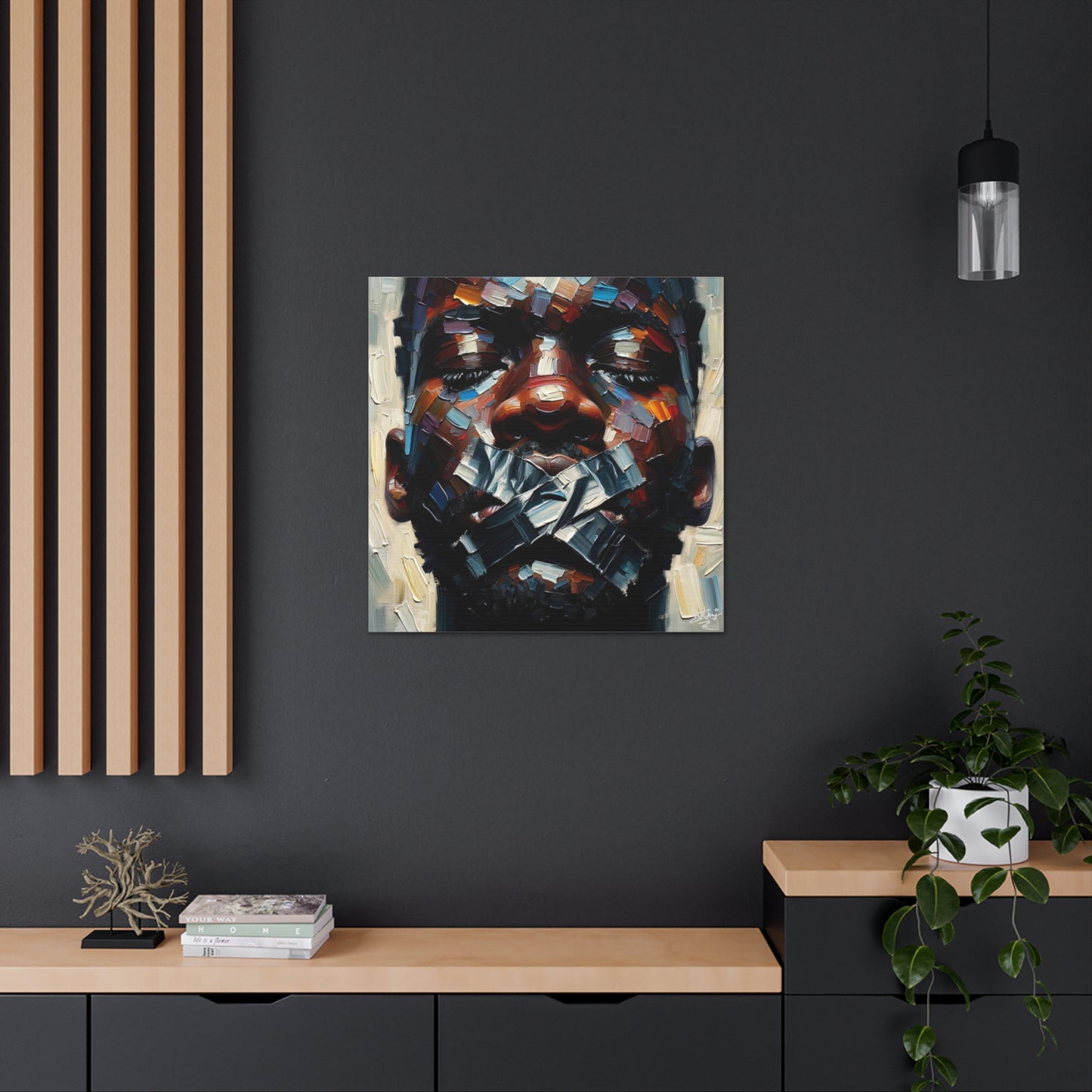 Art Print, Afro-Caribbean Man Silenced? Oil Finish, West Indian Ethnicity, Cultural, Heritage, Semi-Abstract, Canvas Gallery Wrap