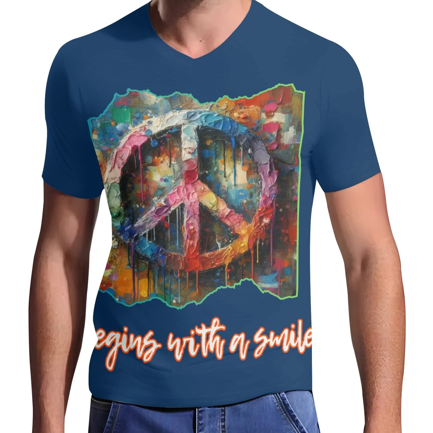 Men's Short Sleeve Soft Feel V-Neck T-Shirt "PEACE Begins With a Smile"