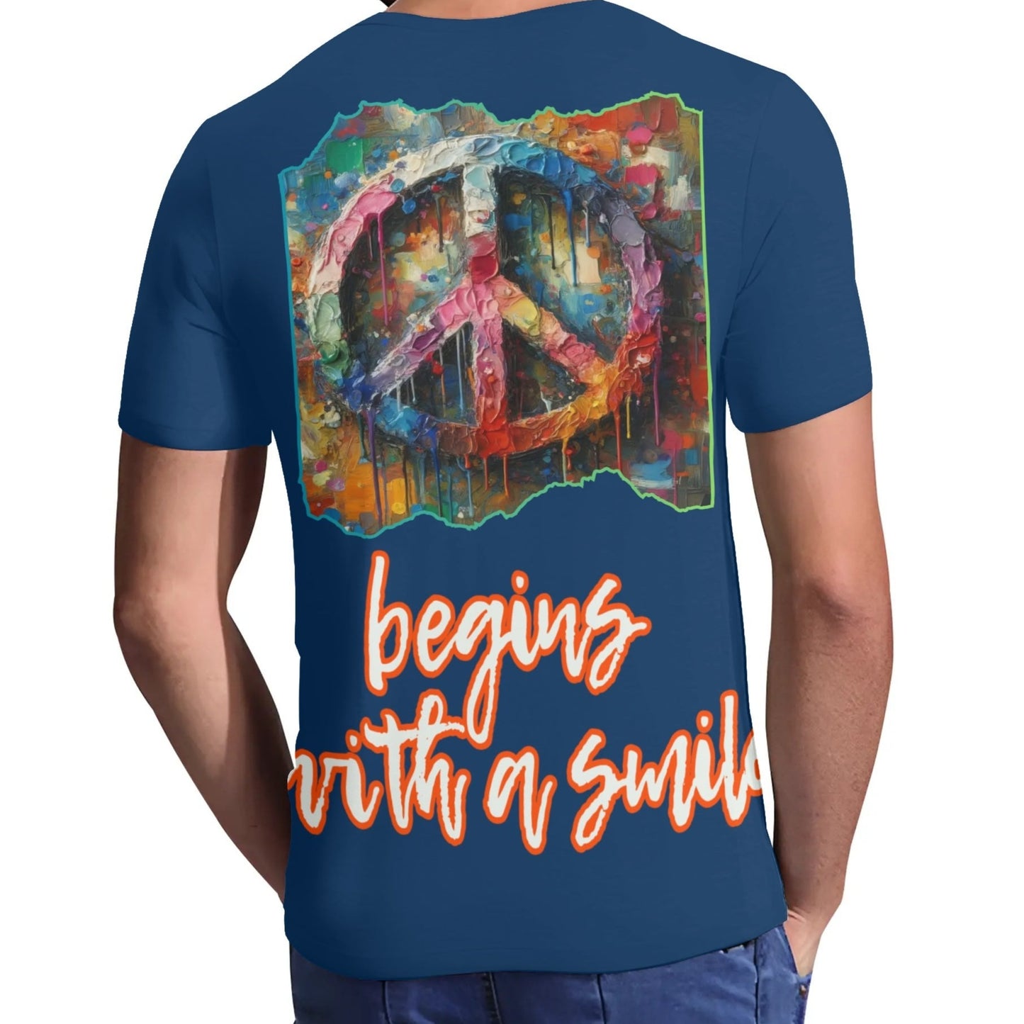 Men's Short Sleeve Soft Feel V-Neck T-Shirt "PEACE Begins With a Smile"