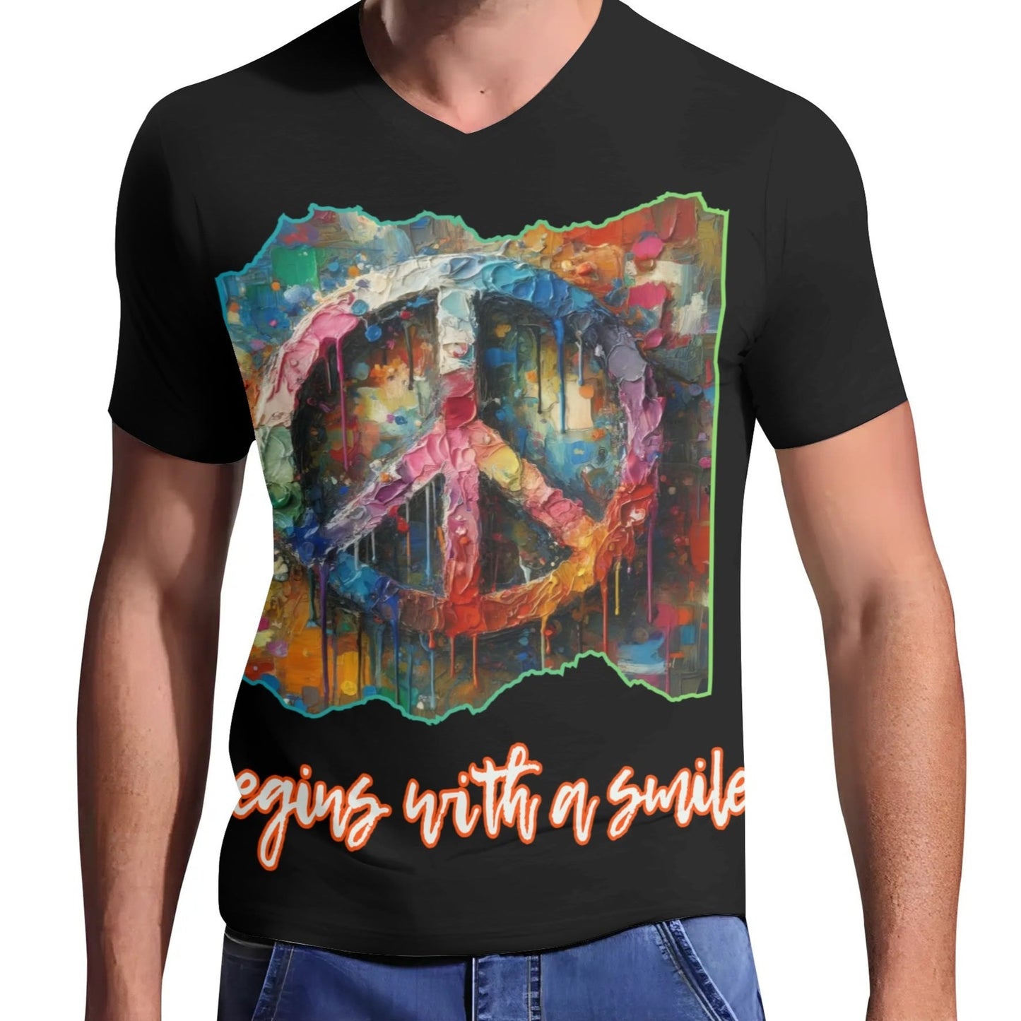 Men's Short Sleeve Soft Feel V-Neck T-Shirt "PEACE Begins With a Smile"