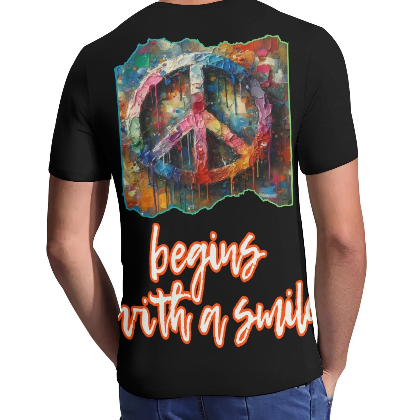 Men's Short Sleeve Soft Feel V-Neck T-Shirt "PEACE Begins With a Smile"