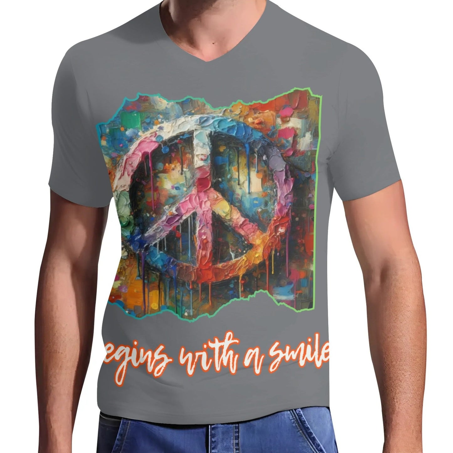 Men's Short Sleeve Soft Feel V-Neck T-Shirt "PEACE Begins With a Smile"