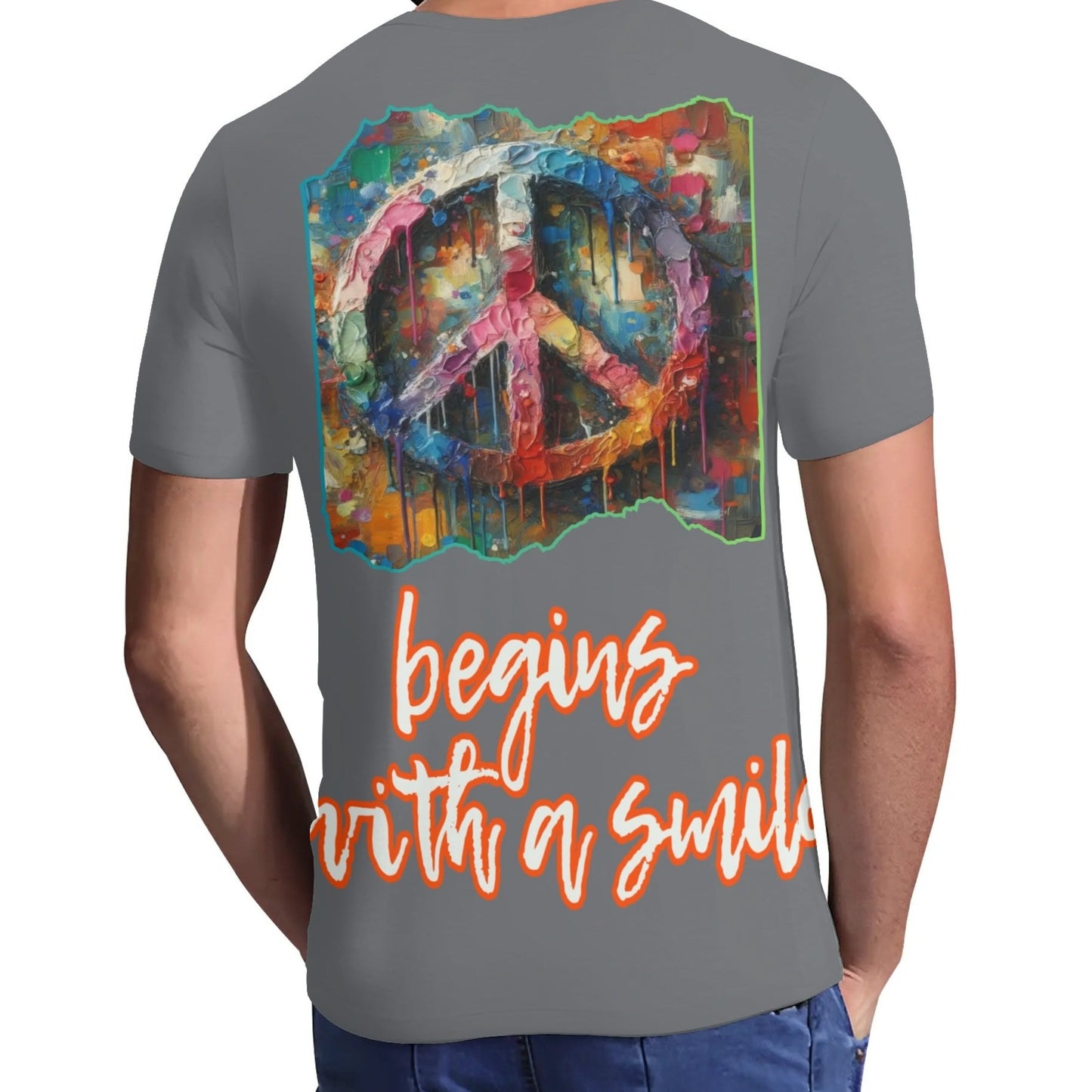 Men's Short Sleeve Soft Feel V-Neck T-Shirt "PEACE Begins With a Smile"