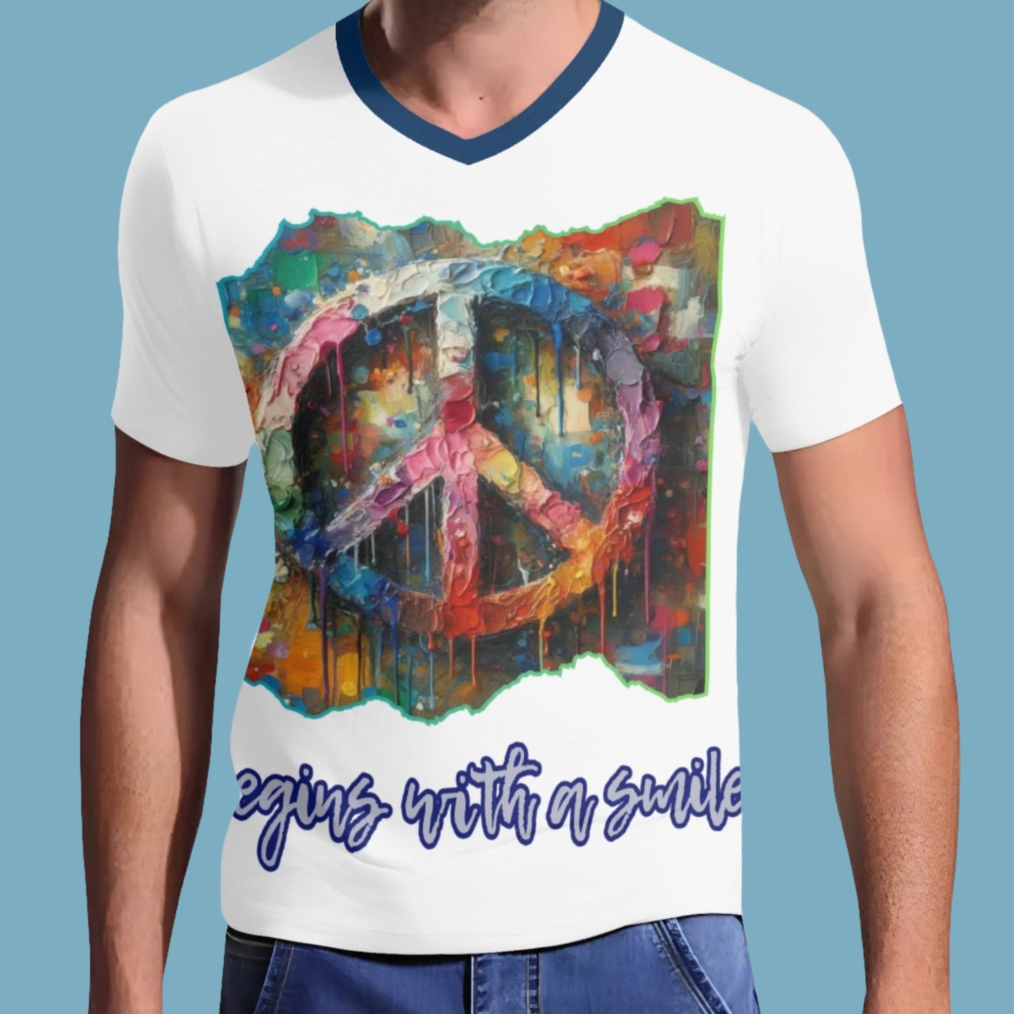 Men's Short Sleeve Soft Feel V-Neck T-Shirt "PEACE Begins With a Smile"