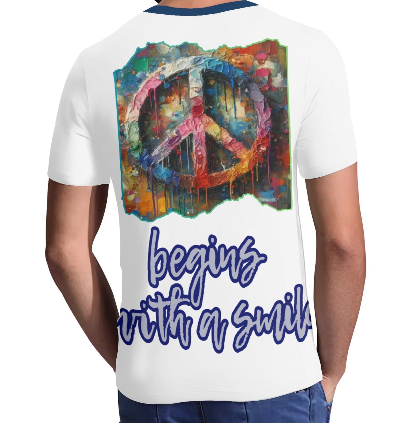 Men's Short Sleeve Soft Feel V-Neck T-Shirt "PEACE Begins With a Smile"