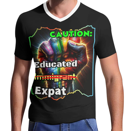 Mens Short Sleeve Soft Feel V-Neck T-Shirt "Caution: Educated Expat"