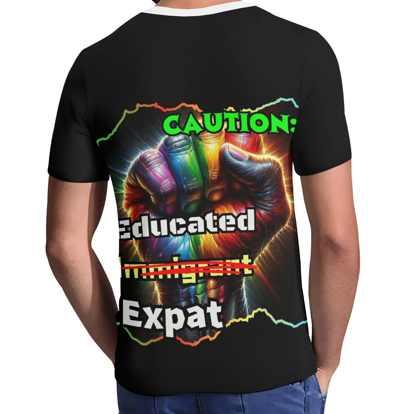 Mens Short Sleeve Soft Feel V-Neck T-Shirt "Caution: Educated Expat"