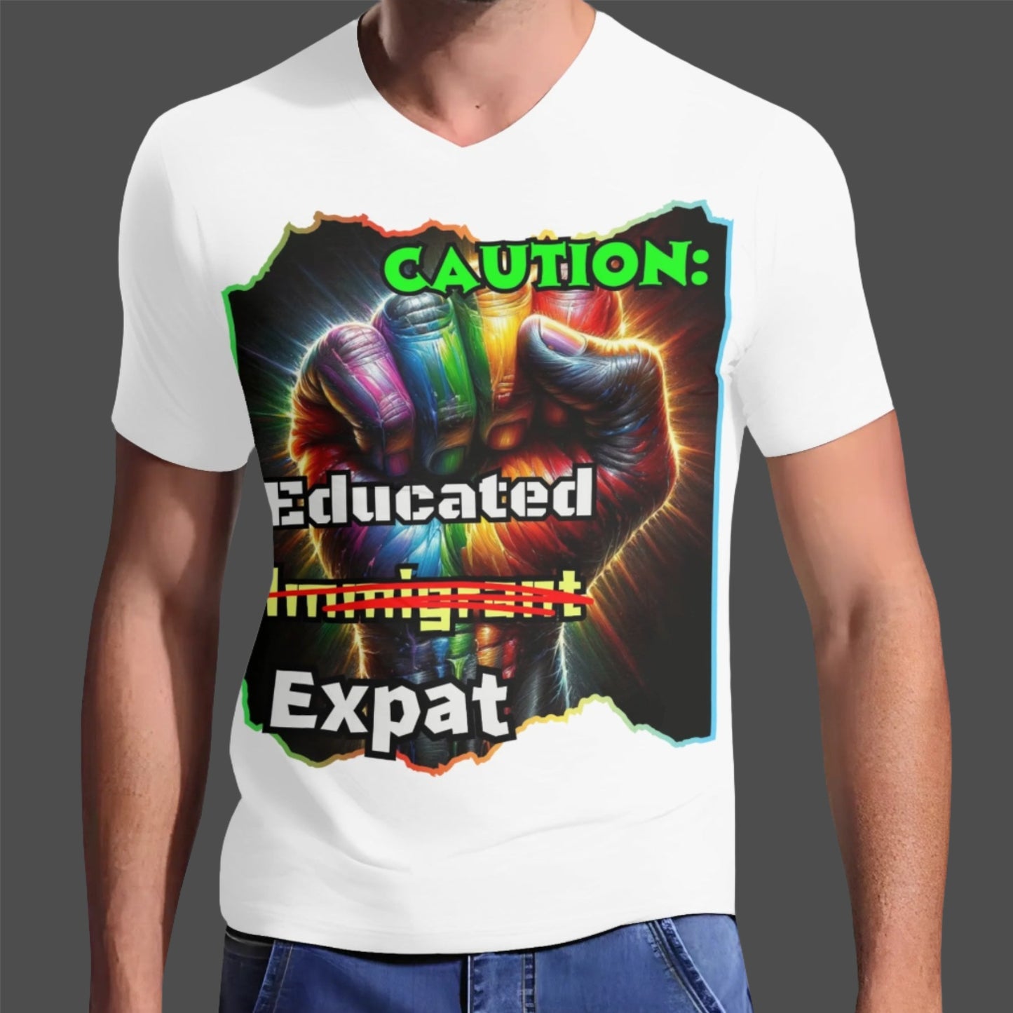 Mens Short Sleeve Soft Feel V-Neck T-Shirt "Caution: Educated Expat"