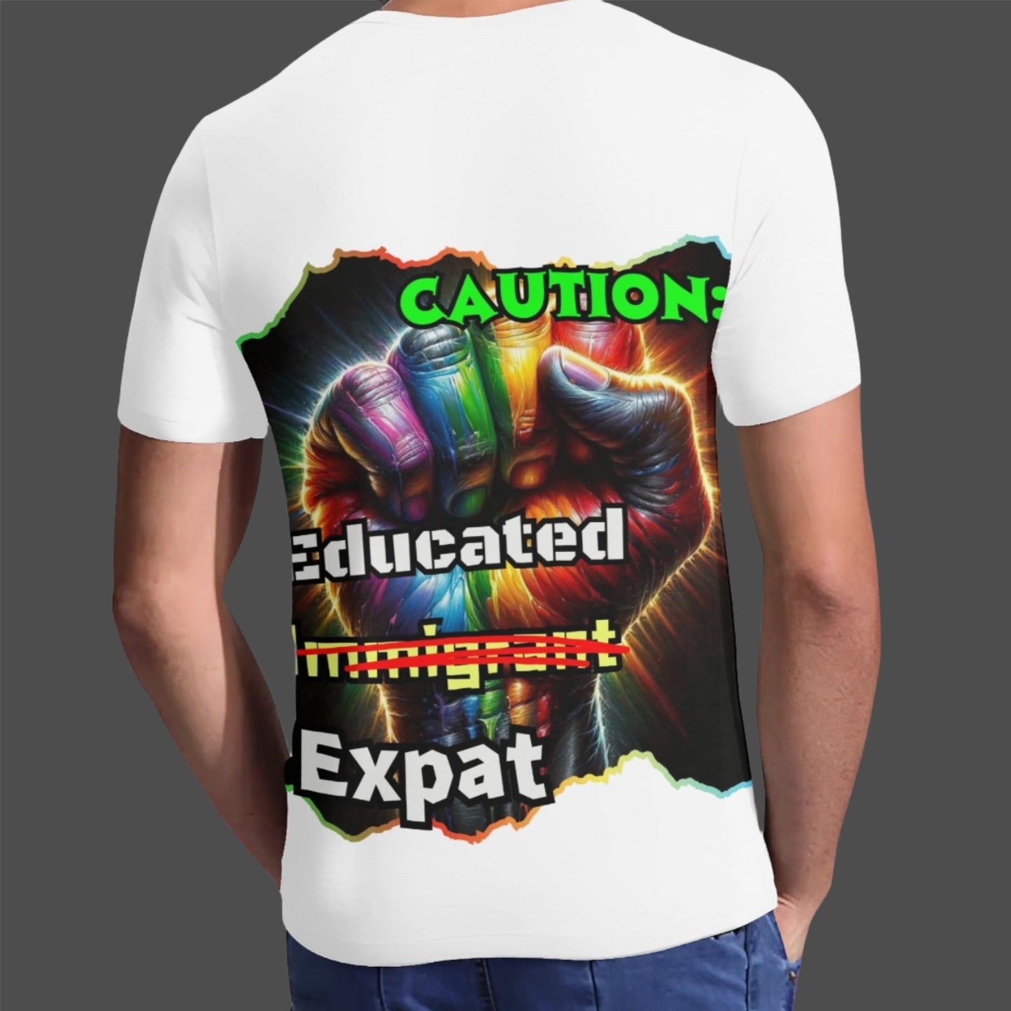 Mens Short Sleeve Soft Feel V-Neck T-Shirt "Caution: Educated Expat"