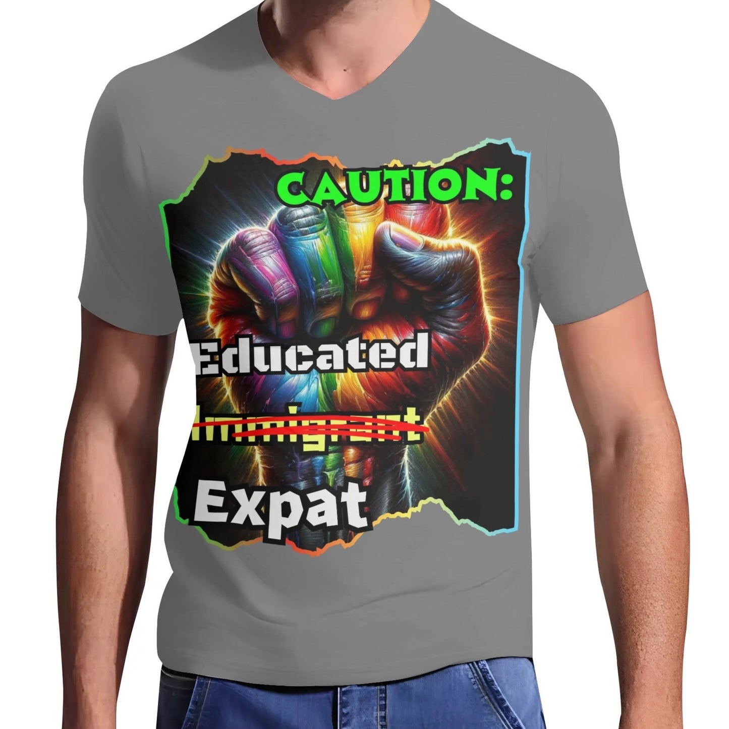 Mens Short Sleeve Soft Feel V-Neck T-Shirt "Caution: Educated Expat"