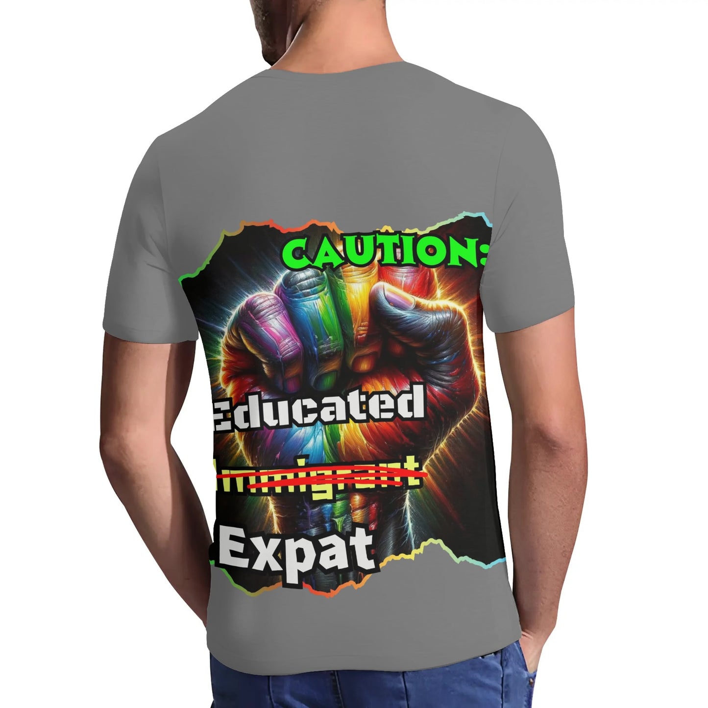 Mens Short Sleeve Soft Feel V-Neck T-Shirt "Caution: Educated Expat"