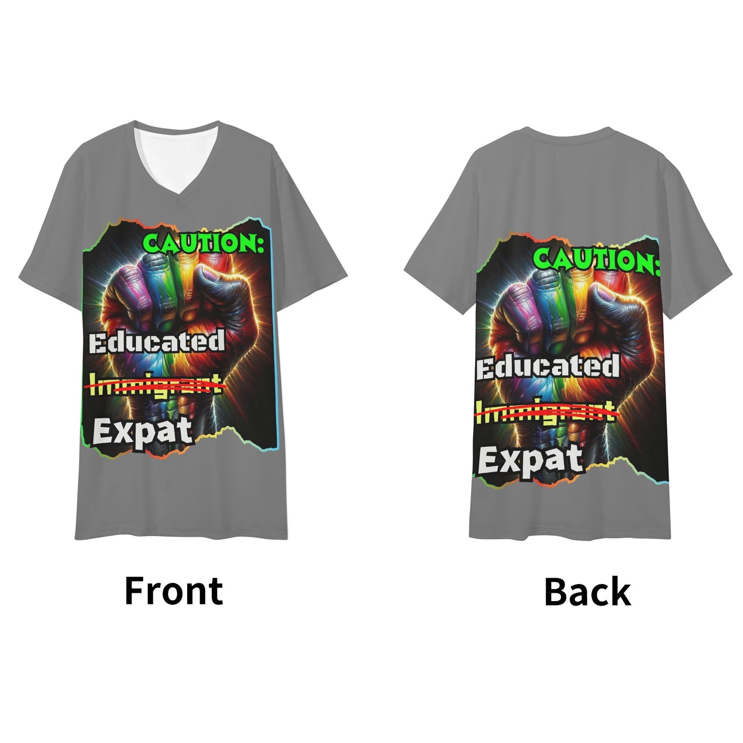 Mens Short Sleeve Soft Feel V-Neck T-Shirt "Caution: Educated Expat"