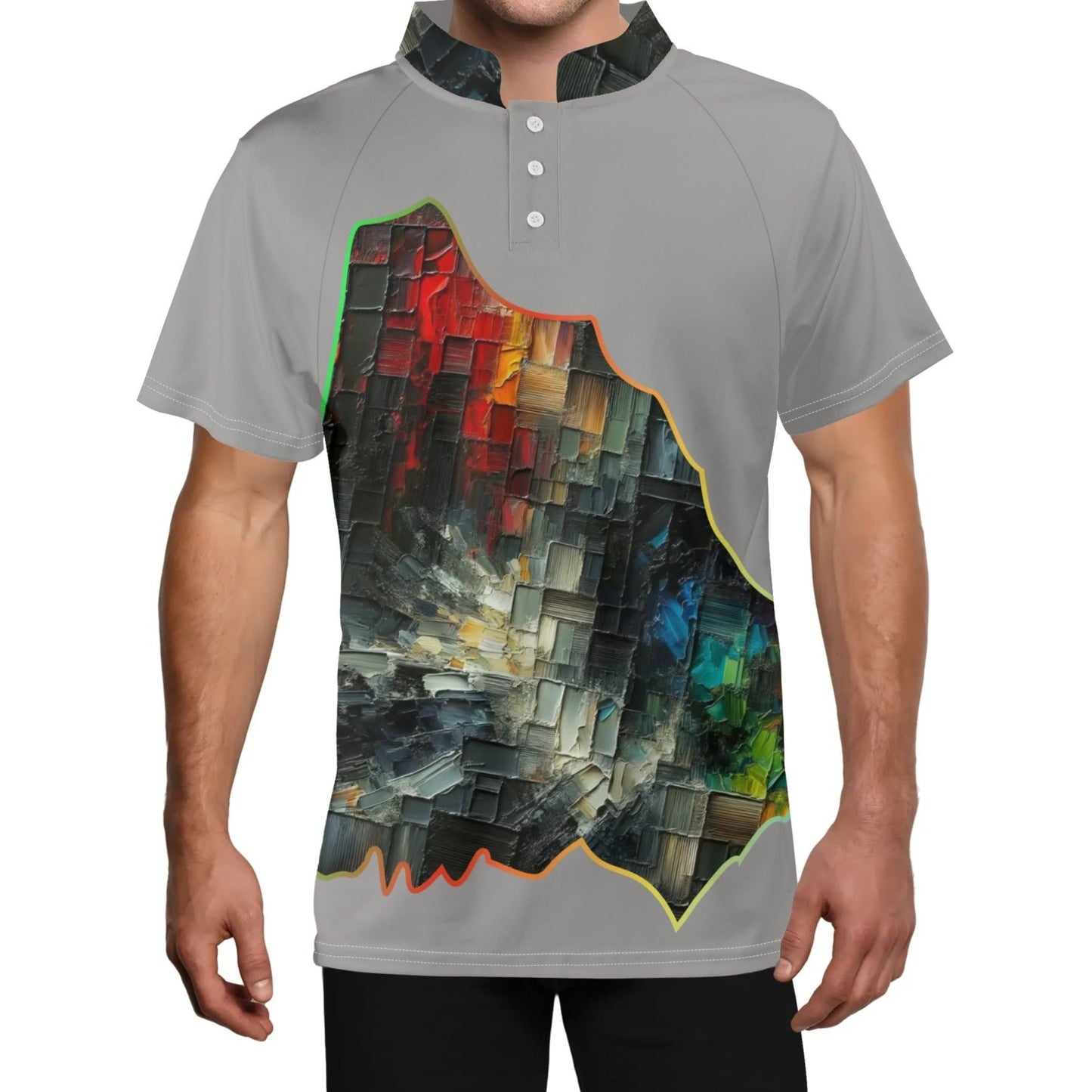 Men's Stand Collar Polo Shirt, "Abstract Print"