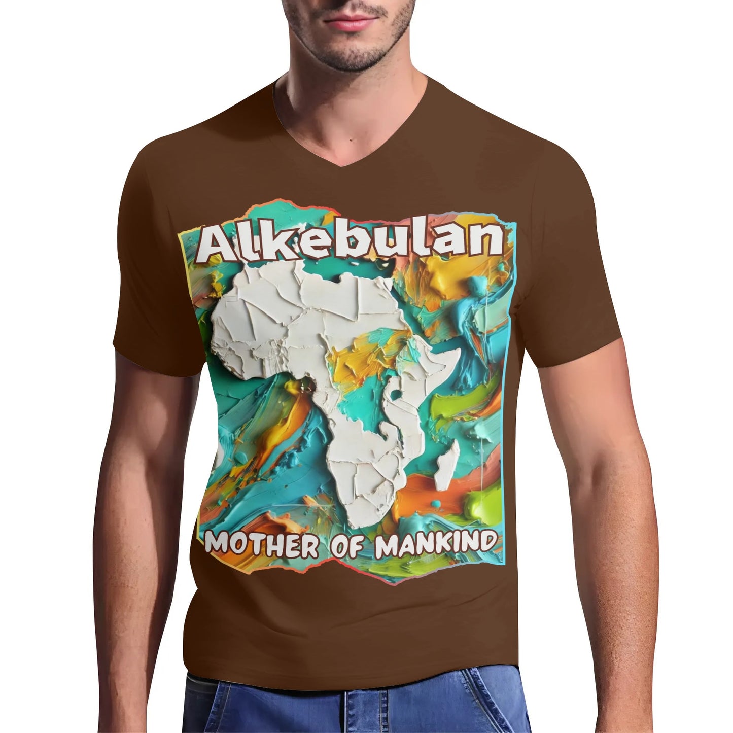 Mens Short Sleeve Soft Feel V-Neck T-Shirt "Alkebulan: Mother of Mankind"