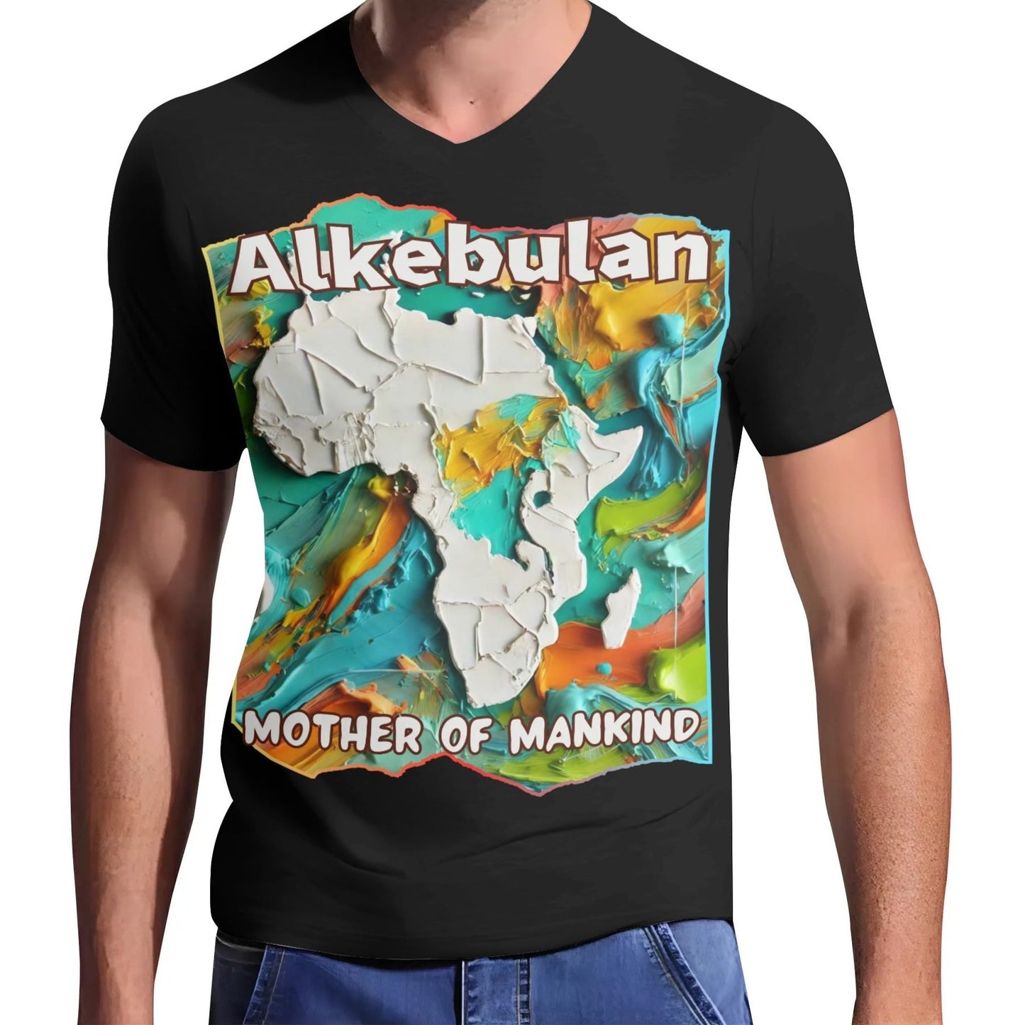 Mens Short Sleeve Soft Feel V-Neck T-Shirt "Alkebulan: Mother of Mankind"