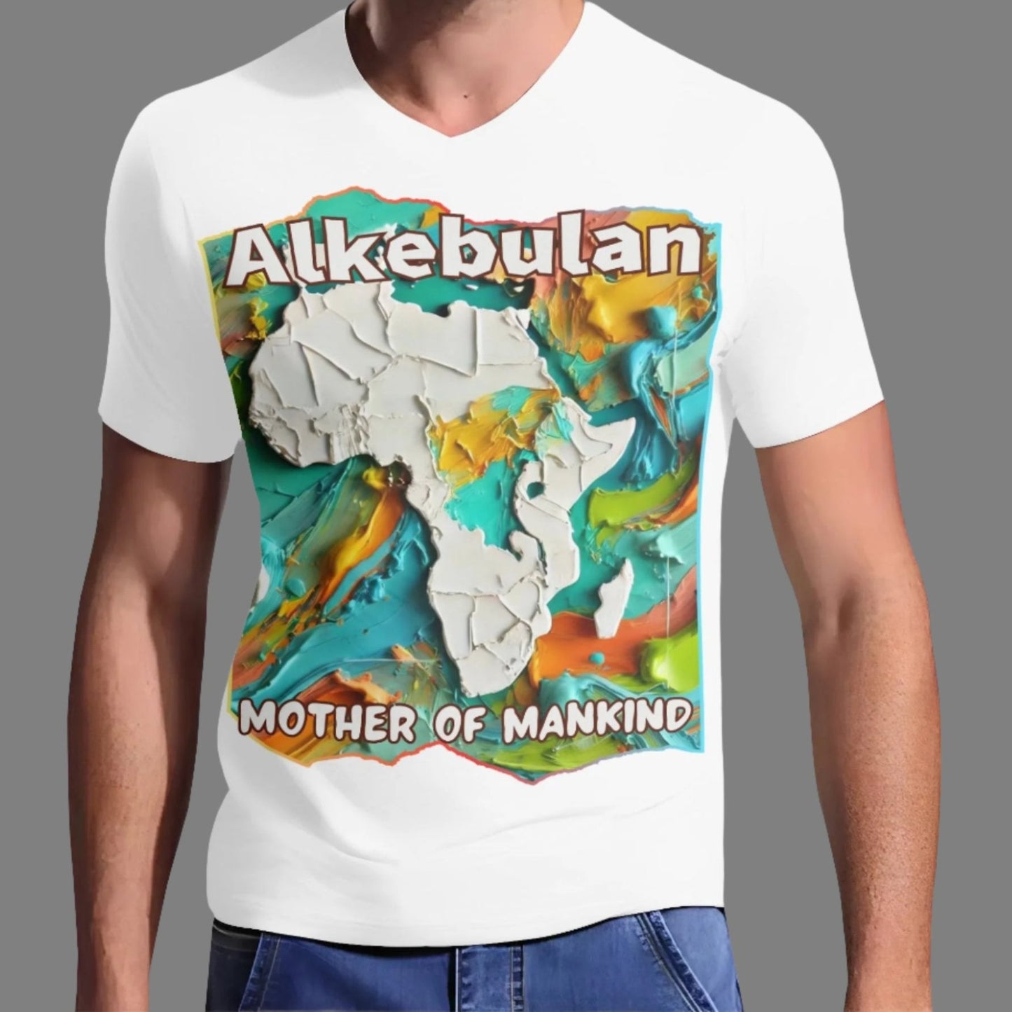 Mens Short Sleeve Soft Feel V-Neck T-Shirt "Alkebulan: Mother of Mankind"