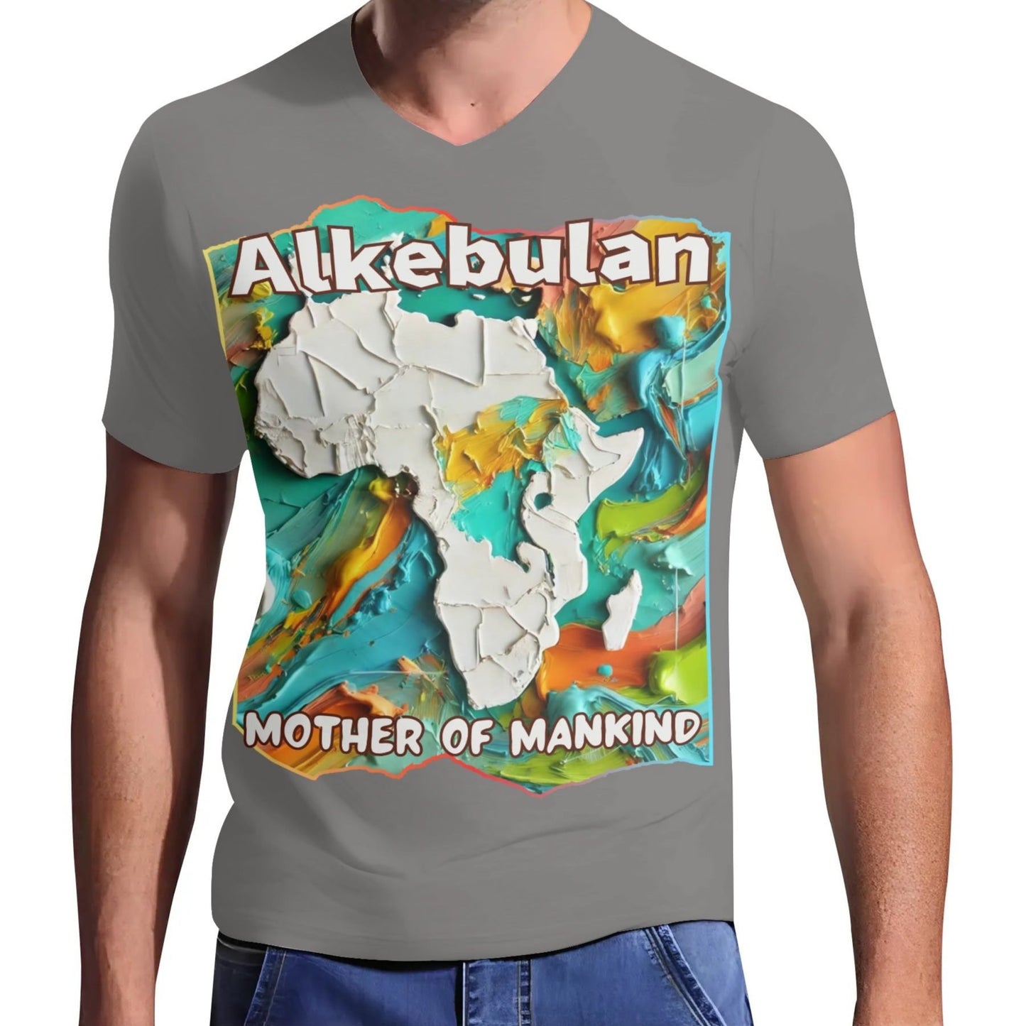 Mens Short Sleeve Soft Feel V-Neck T-Shirt "Alkebulan: Mother of Mankind"