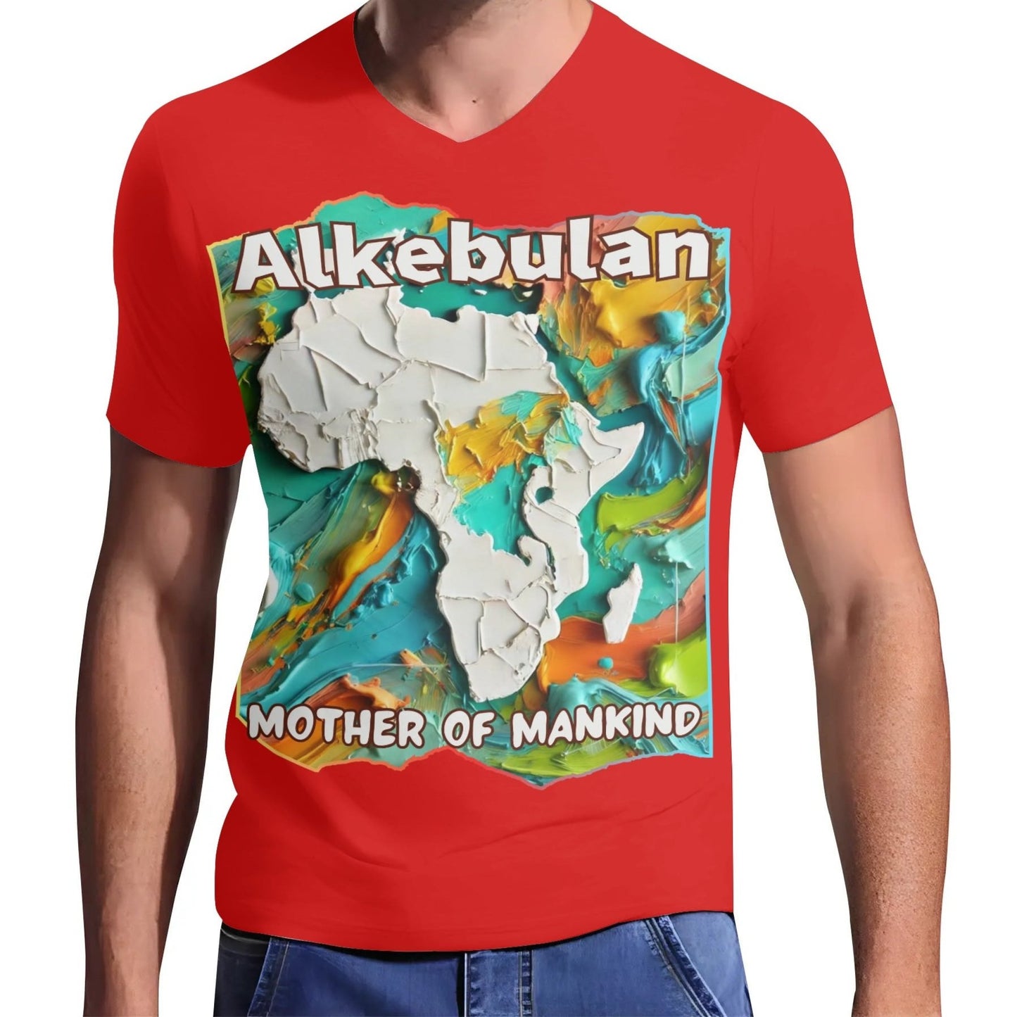 Mens Short Sleeve Soft Feel V-Neck T-Shirt "Alkebulan: Mother of Mankind"