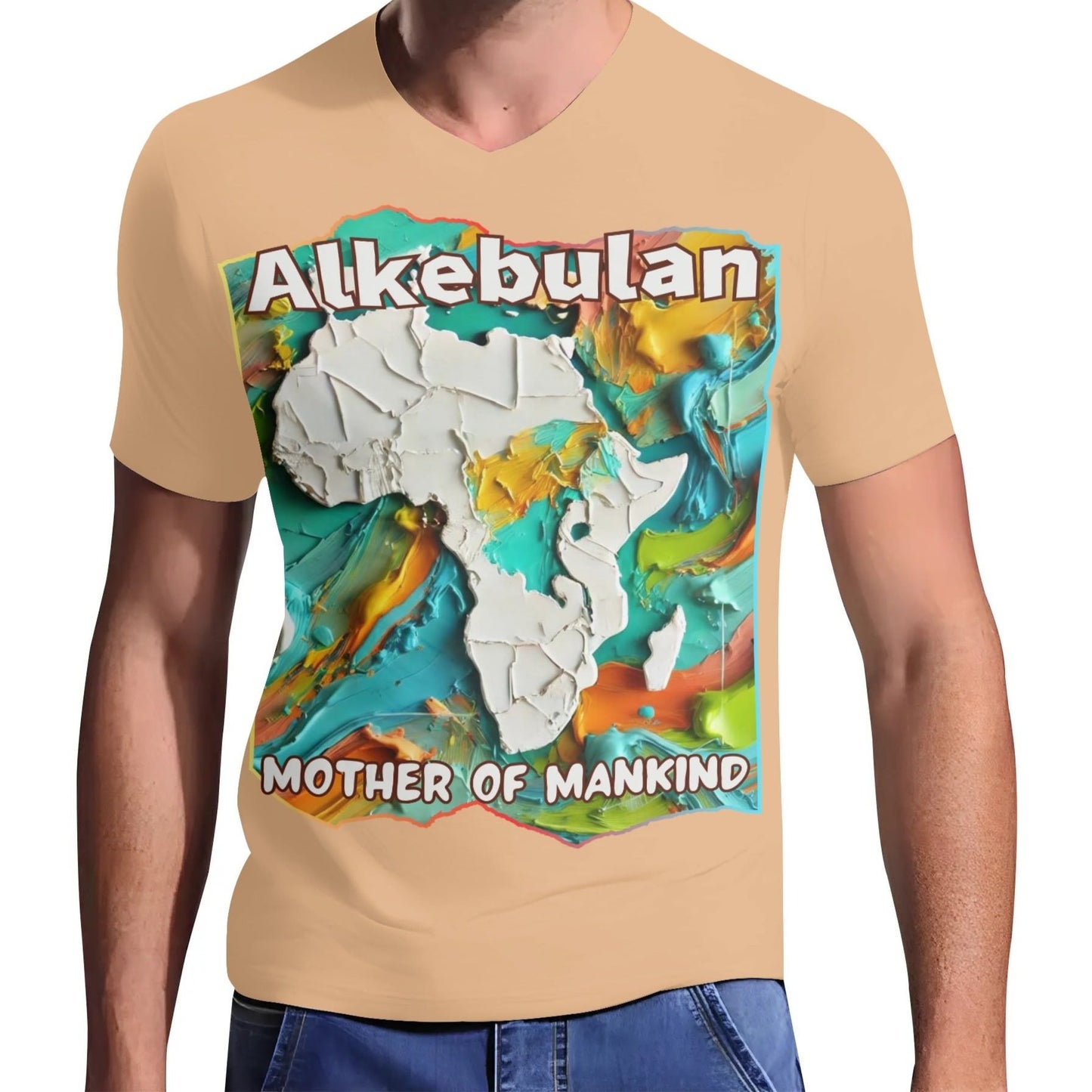 Mens Short Sleeve Soft Feel V-Neck T-Shirt "Alkebulan: Mother of Mankind"