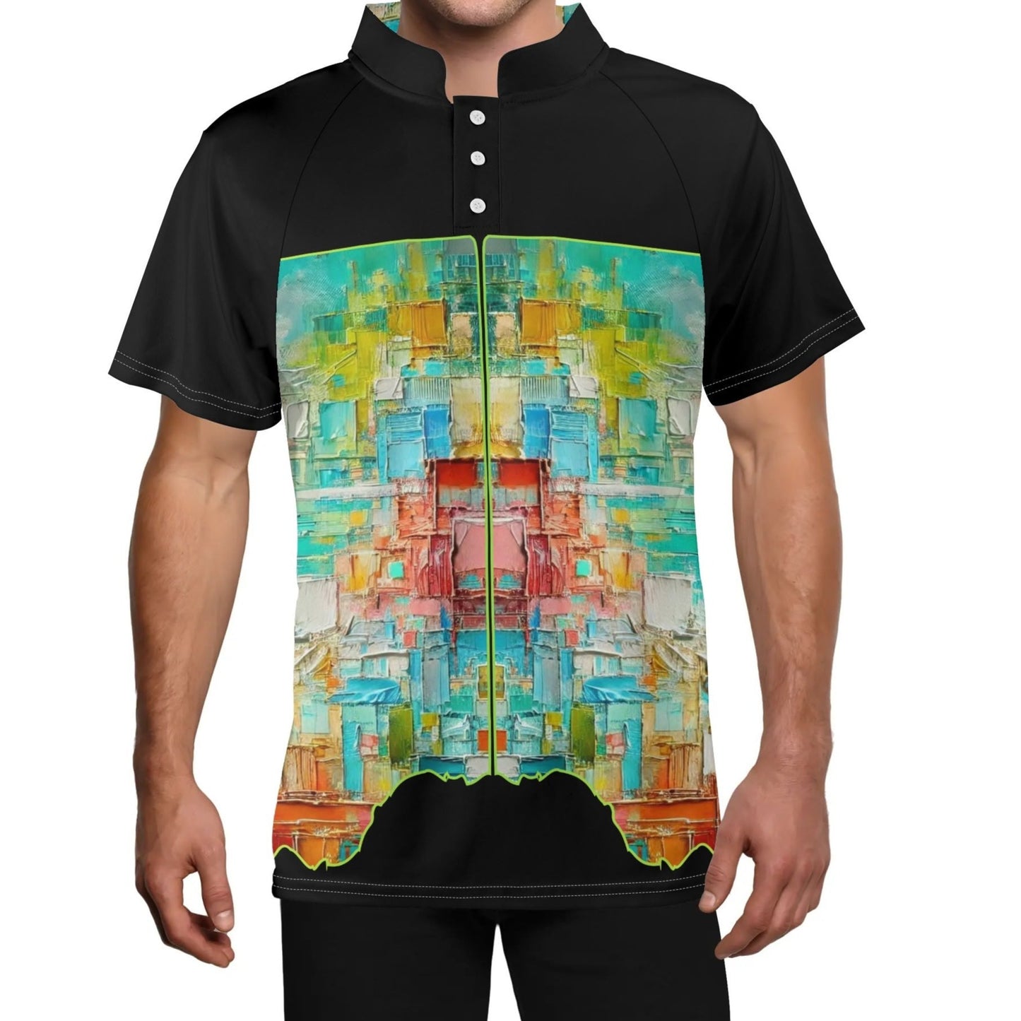 Mens Stand Collar Polo Shirt, Caribbean Color Abstract Print