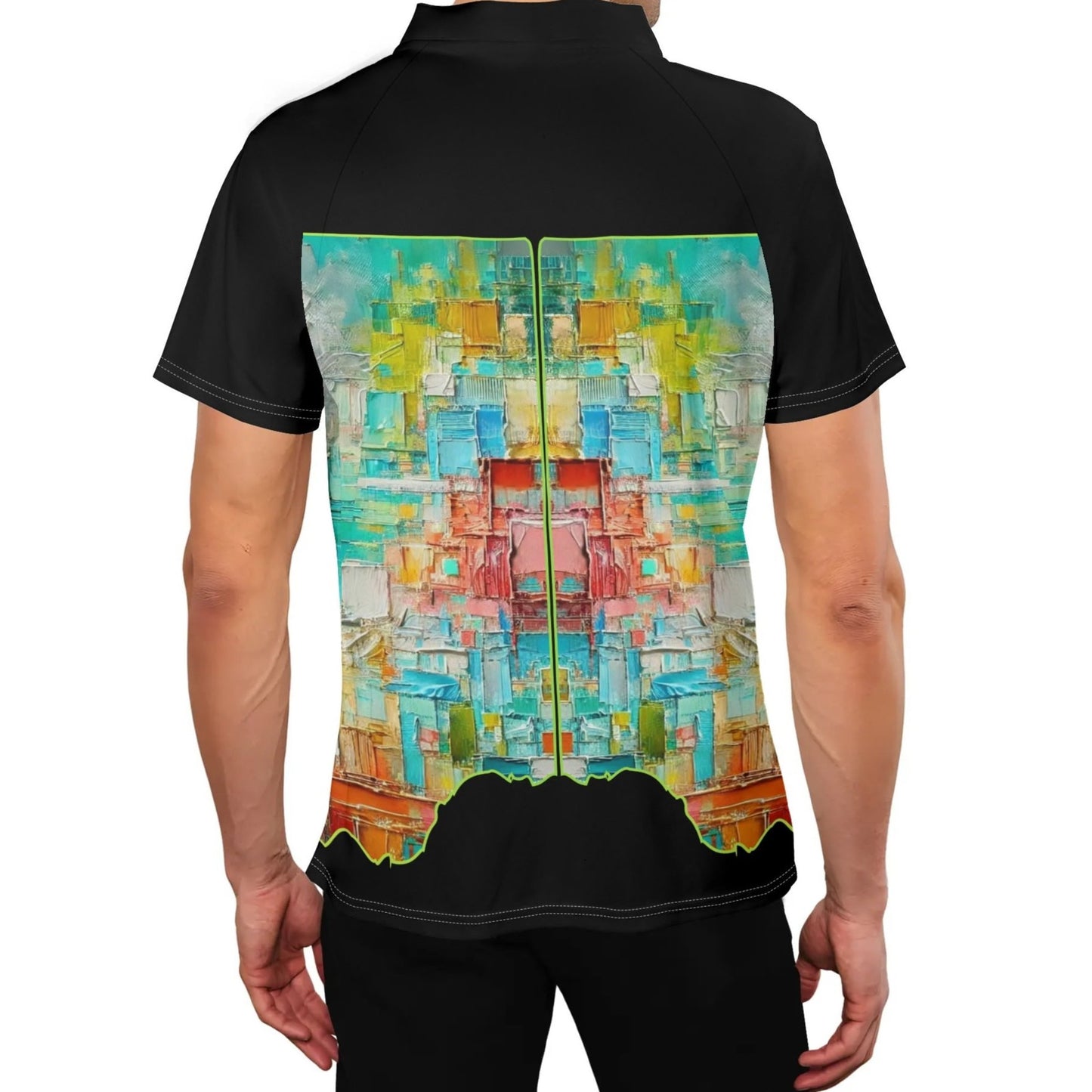 Mens Stand Collar Polo Shirt, Caribbean Color Abstract Print