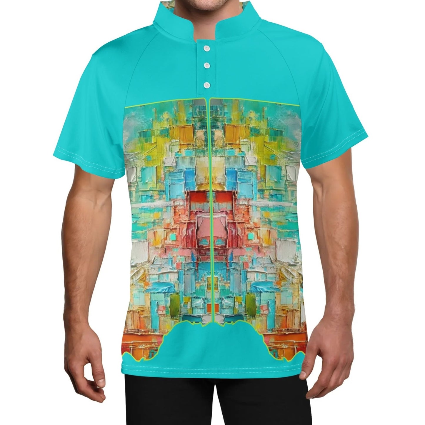 Mens Stand Collar Polo Shirt, Caribbean Color Abstract Print