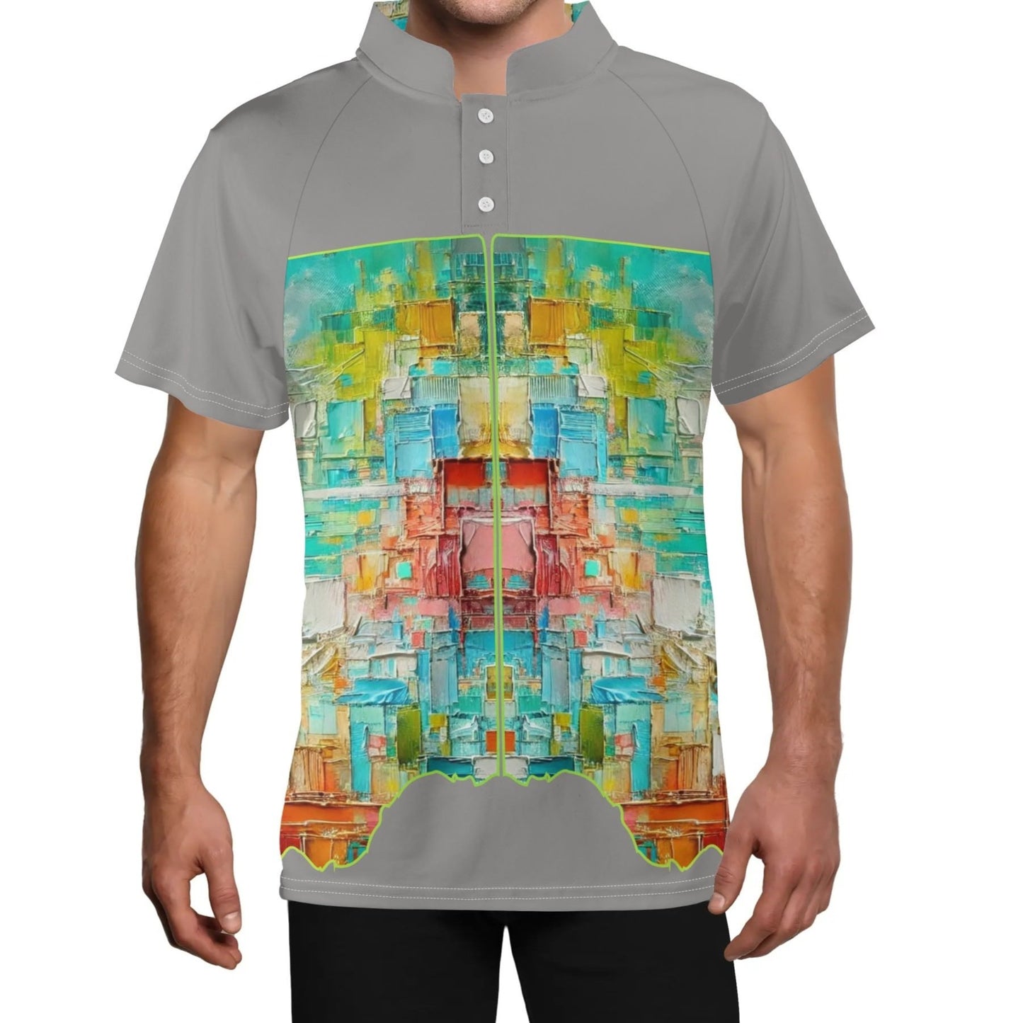 Mens Stand Collar Polo Shirt, Caribbean Color Abstract Print