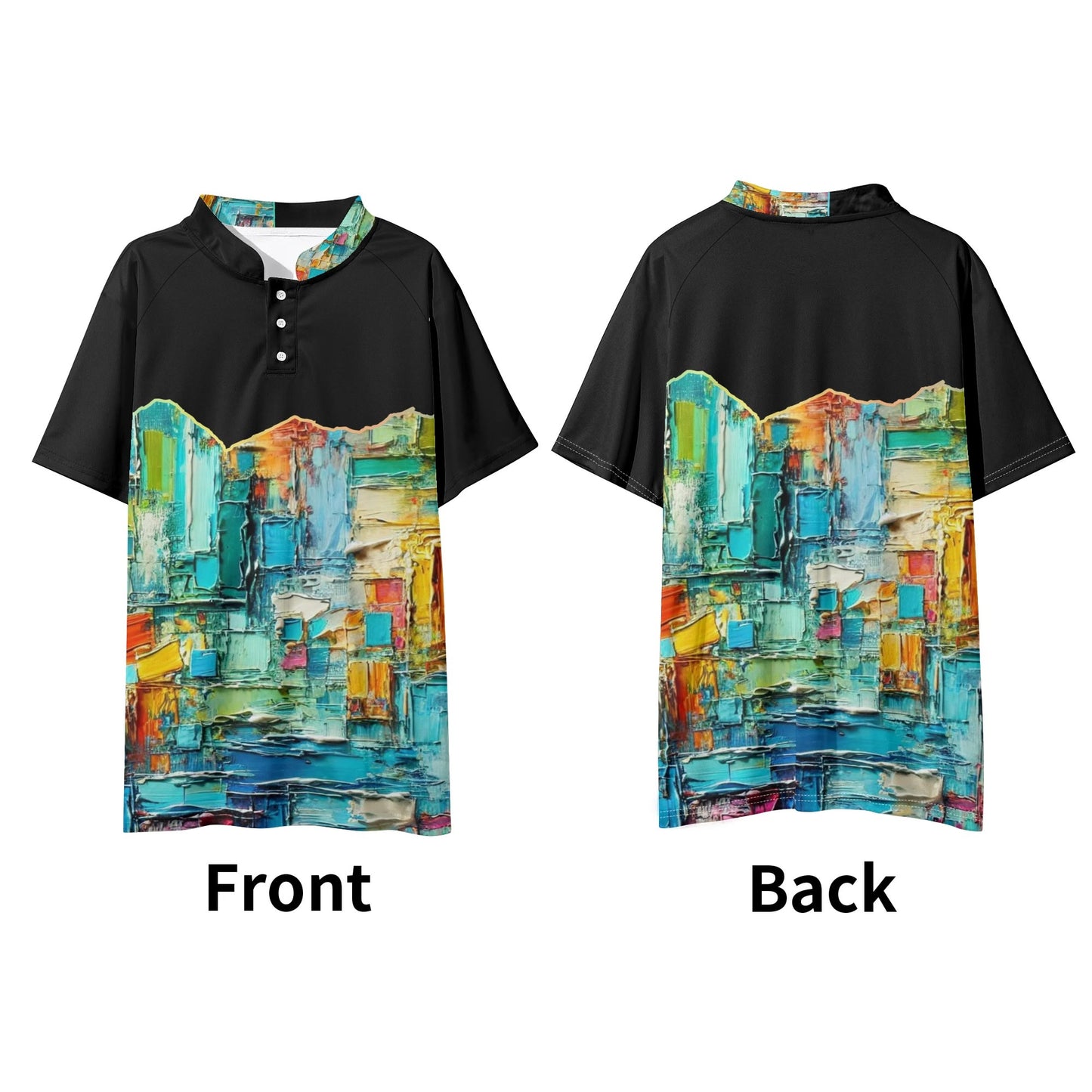 Mens Stand Collar Polo Shirt, "Caribbean Color Abstract Print"