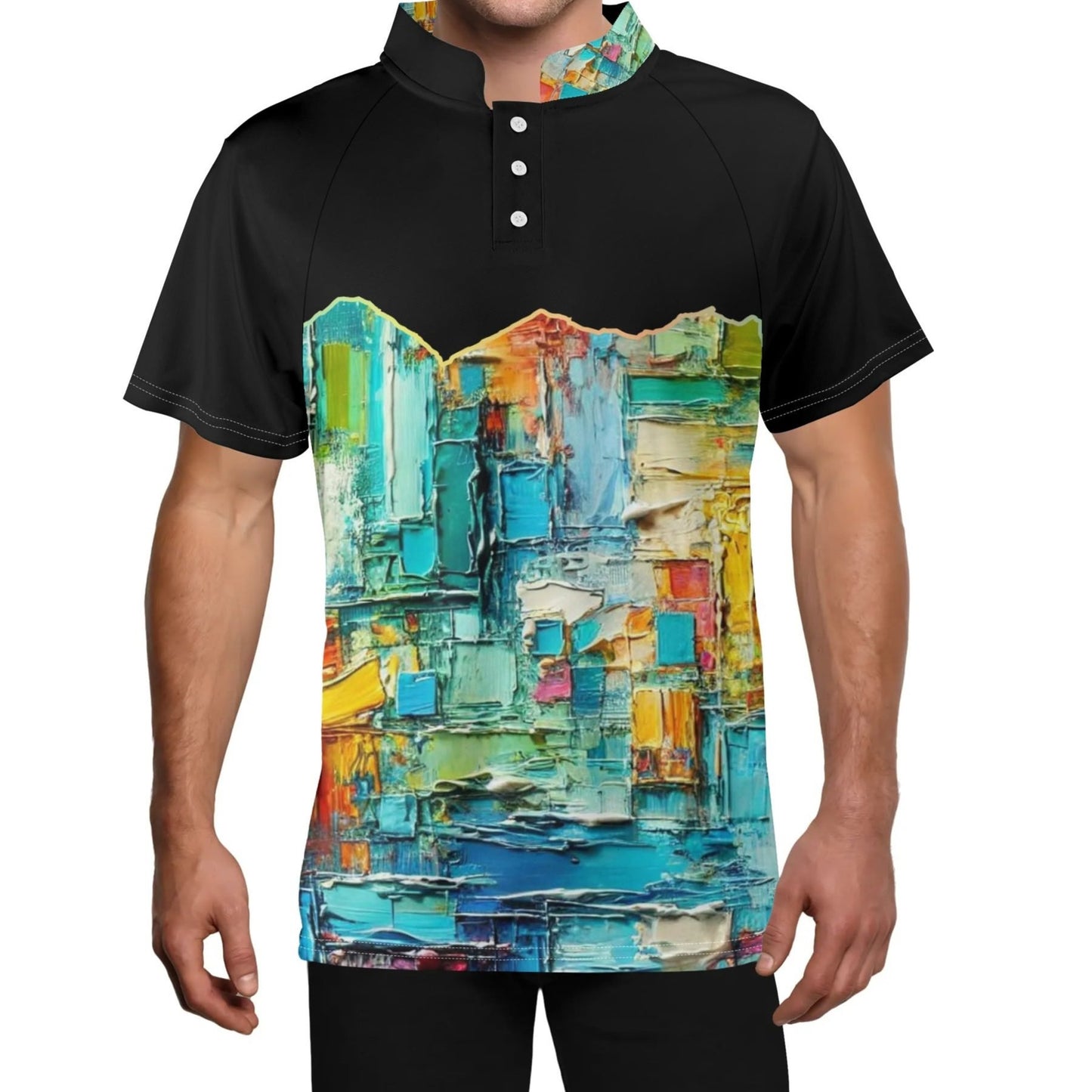 Mens Stand Collar Polo Shirt, "Caribbean Color Abstract Print"