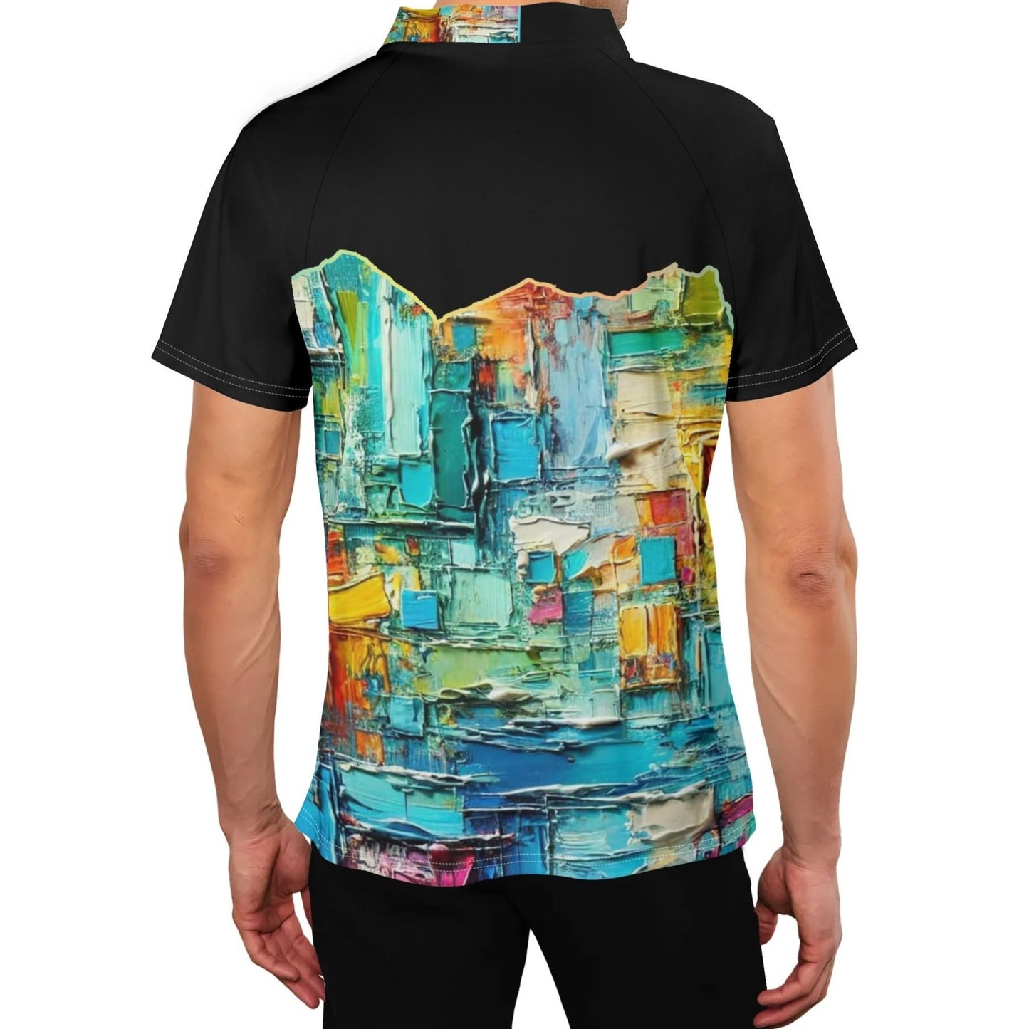 Mens Stand Collar Polo Shirt, "Caribbean Color Abstract Print"