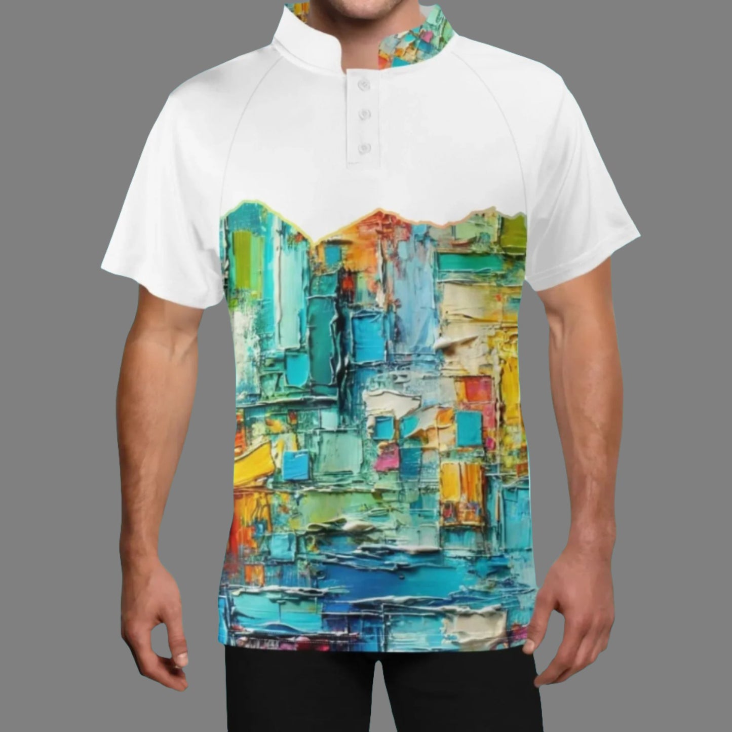 Mens Stand Collar Polo Shirt, "Caribbean Color Abstract Print"