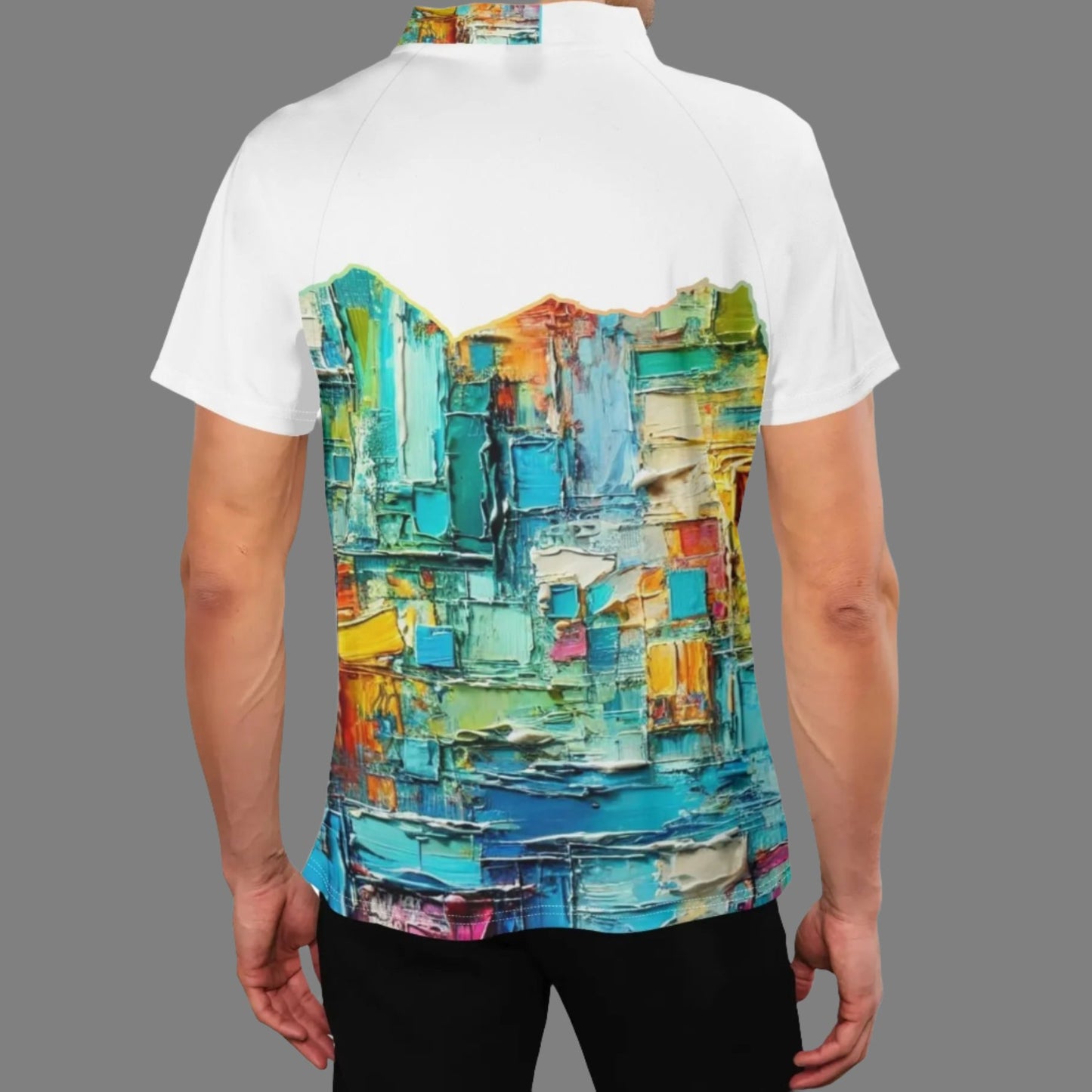 Mens Stand Collar Polo Shirt, "Caribbean Color Abstract Print"