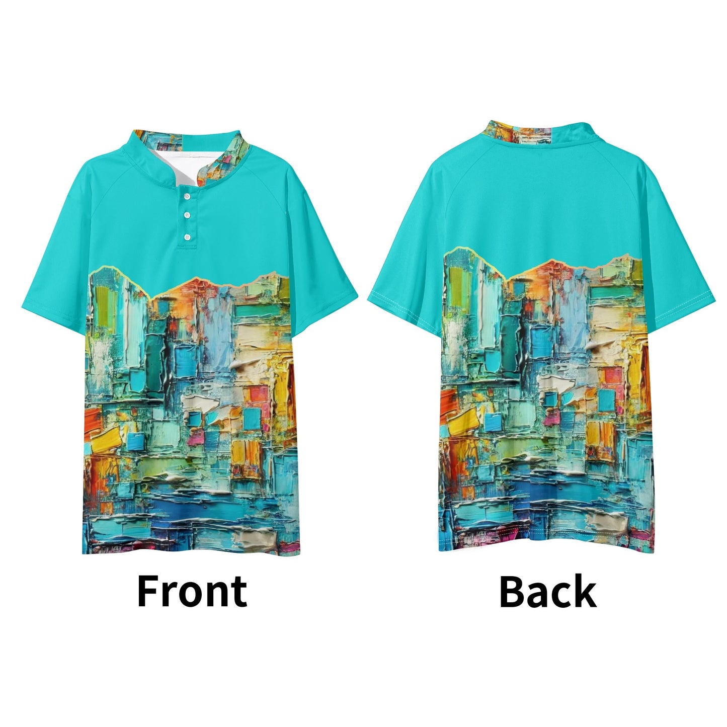 Mens Stand Collar Polo Shirt, "Caribbean Color Abstract Print"