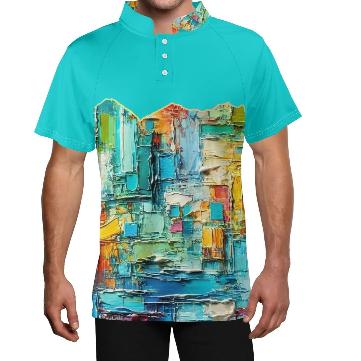 Mens Stand Collar Polo Shirt, "Caribbean Color Abstract Print"