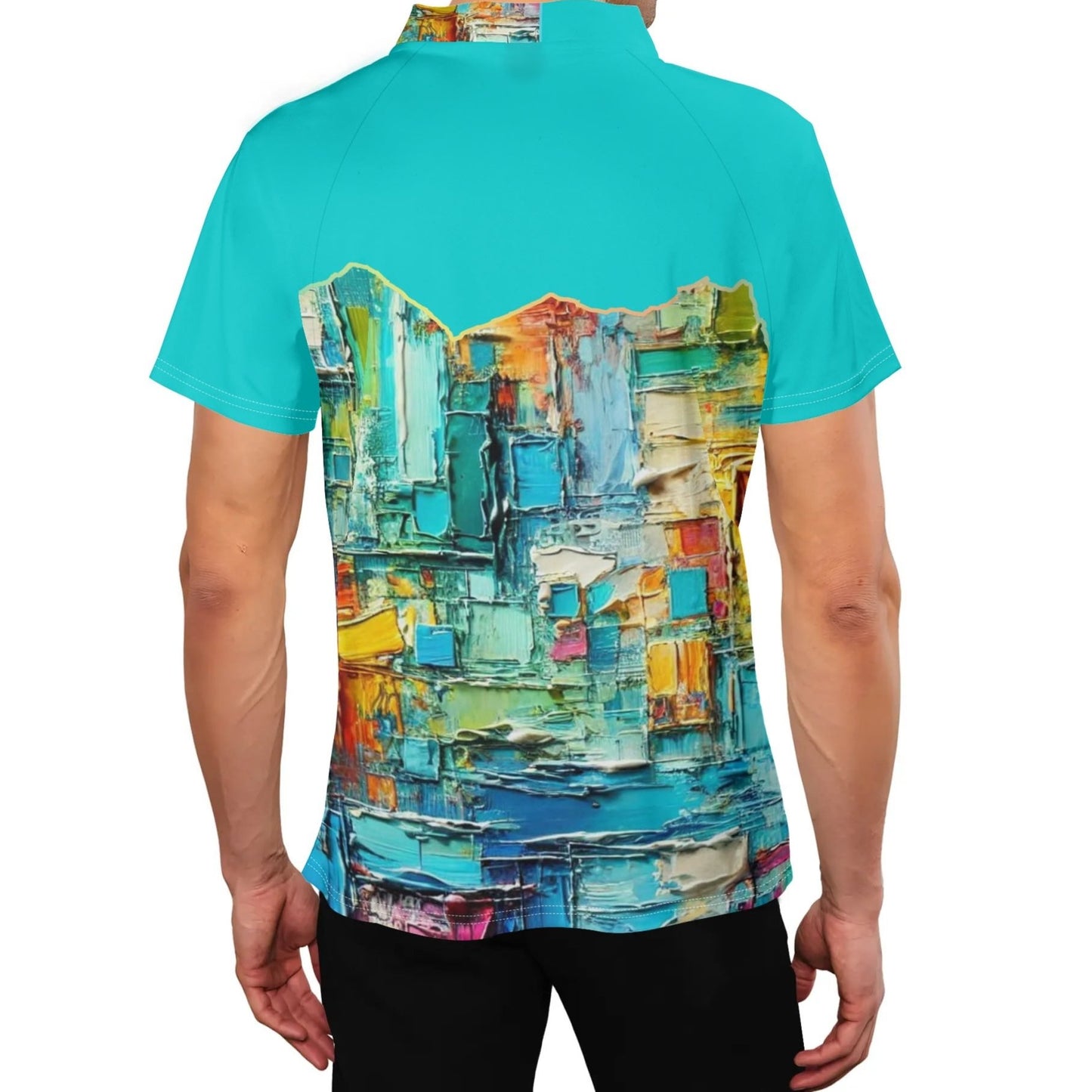 Mens Stand Collar Polo Shirt, "Caribbean Color Abstract Print"