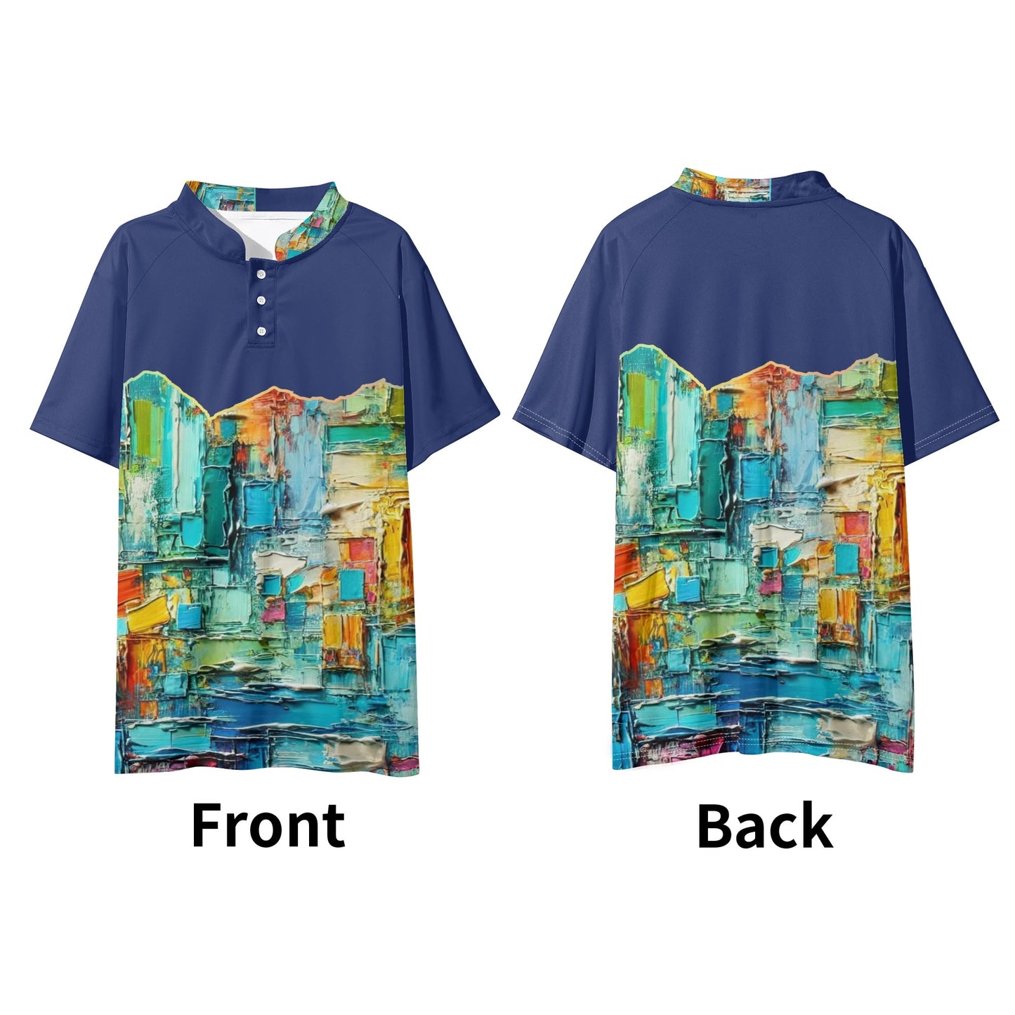 Mens Stand Collar Polo Shirt, "Caribbean Color Abstract Print"