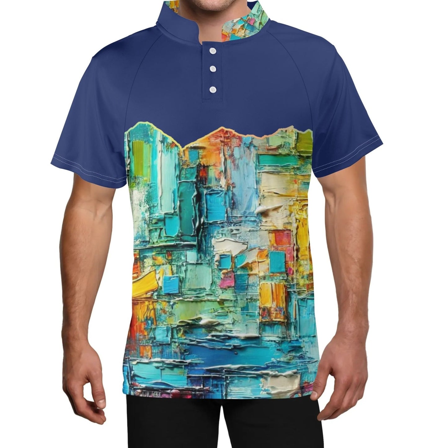 Mens Stand Collar Polo Shirt, "Caribbean Color Abstract Print"