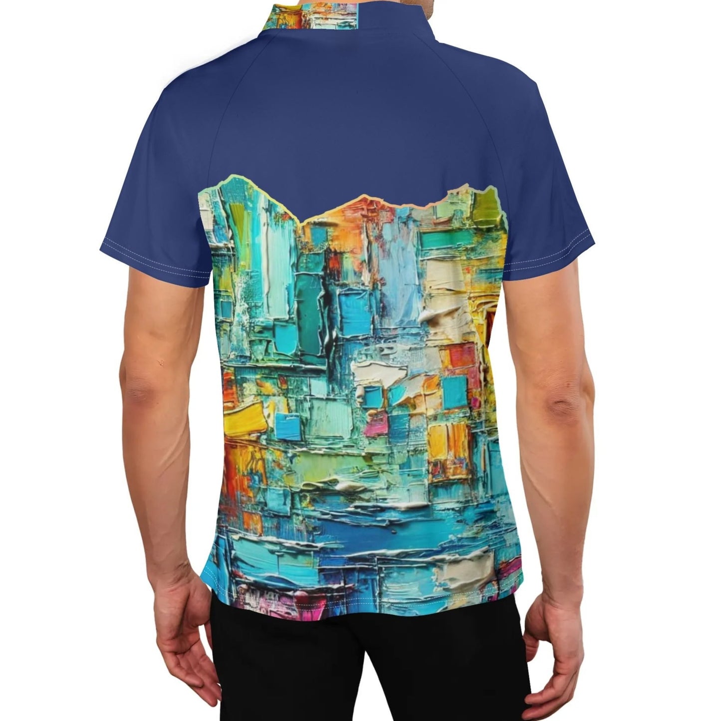 Mens Stand Collar Polo Shirt, "Caribbean Color Abstract Print"