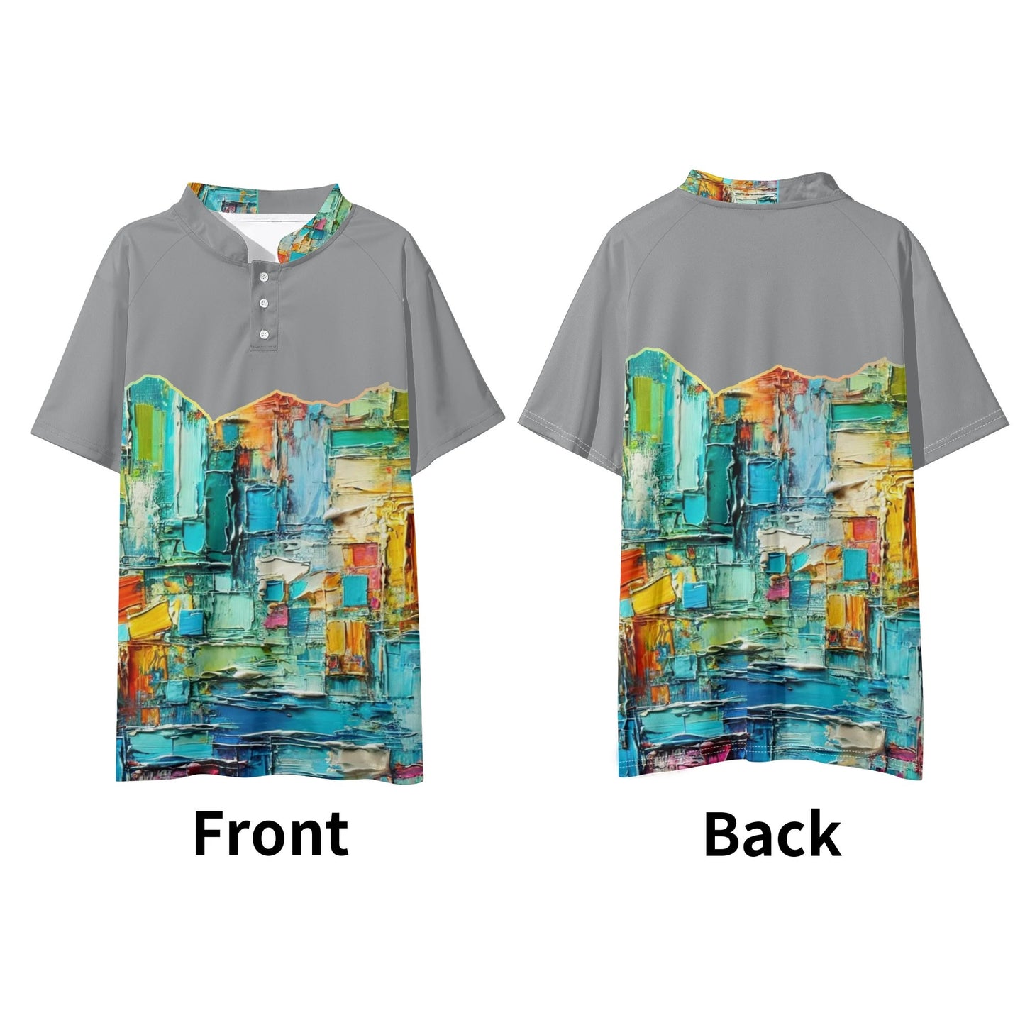 Mens Stand Collar Polo Shirt, "Caribbean Color Abstract Print"