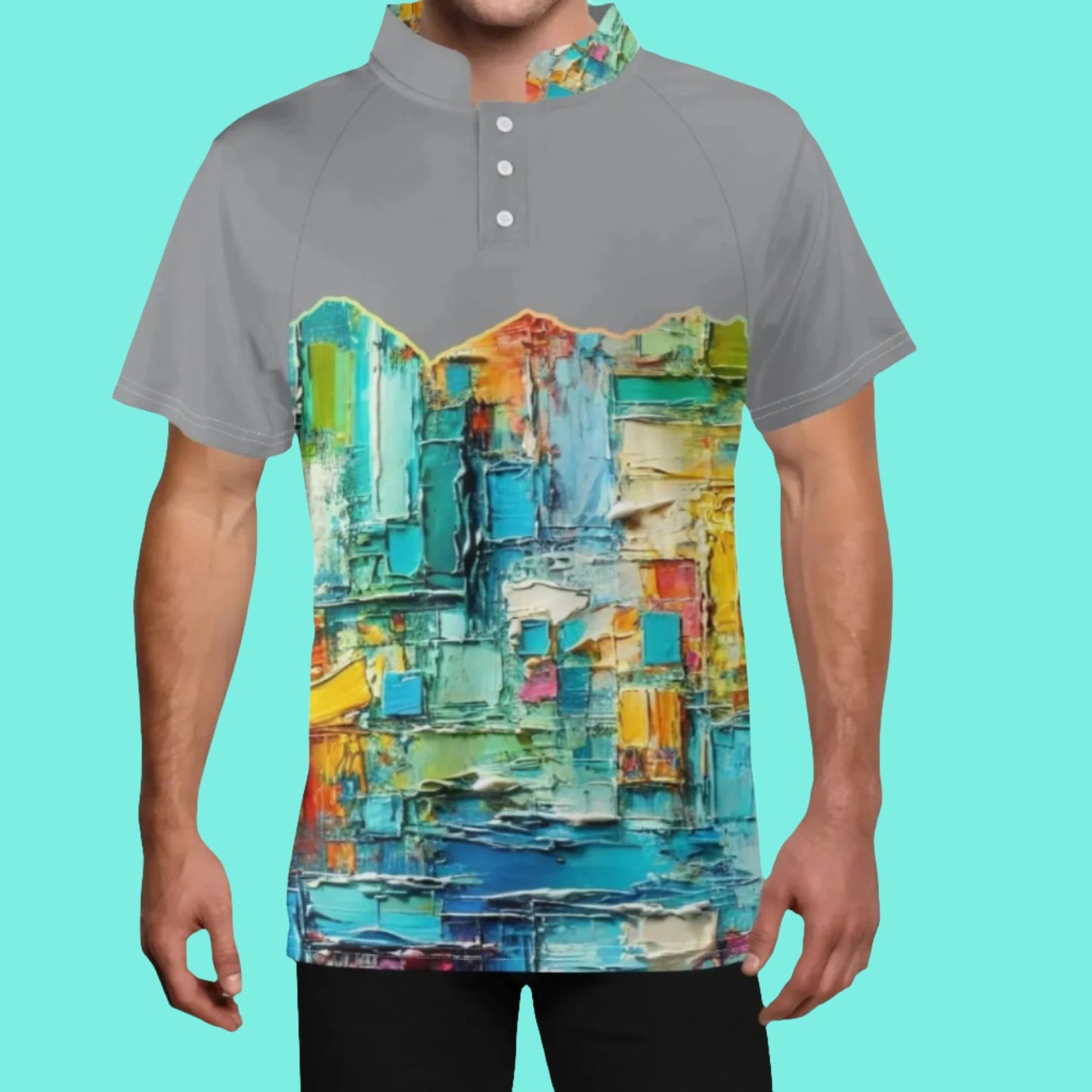 Mens Stand Collar Polo Shirt, "Caribbean Color Abstract Print"