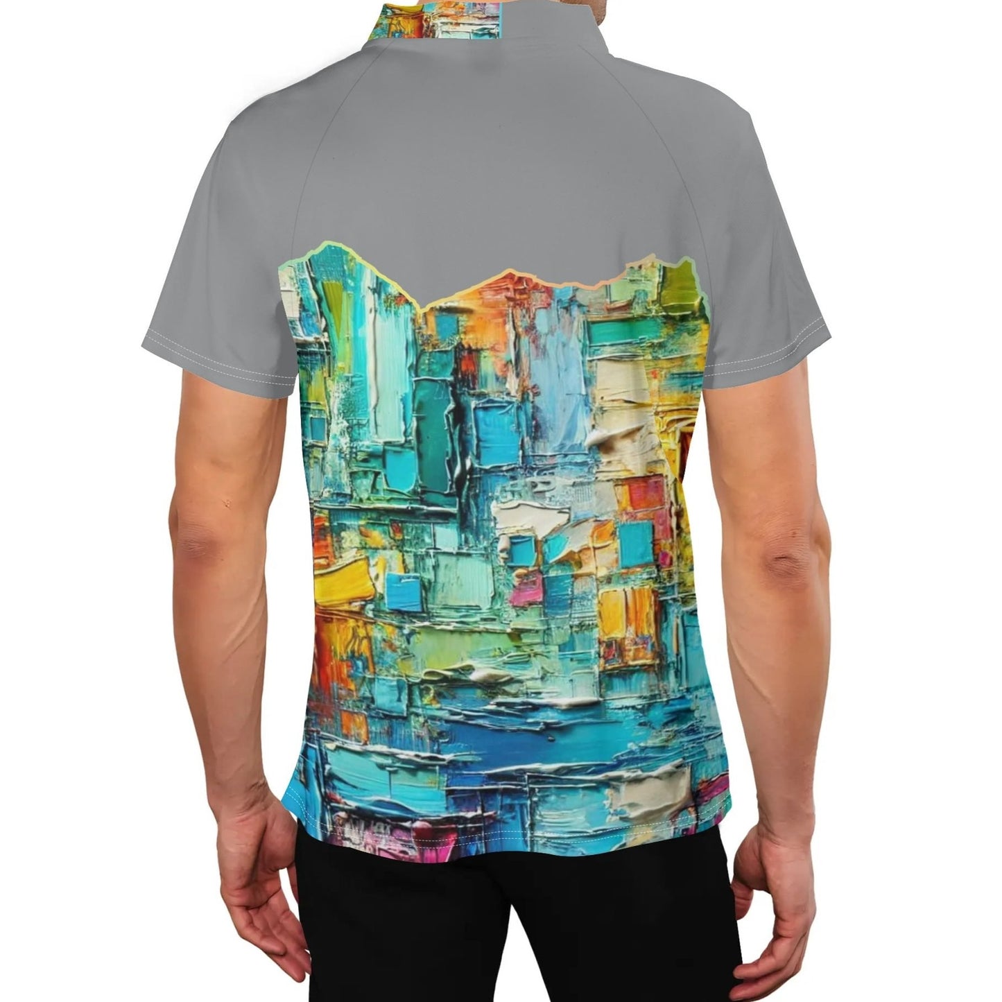 Mens Stand Collar Polo Shirt, "Caribbean Color Abstract Print"