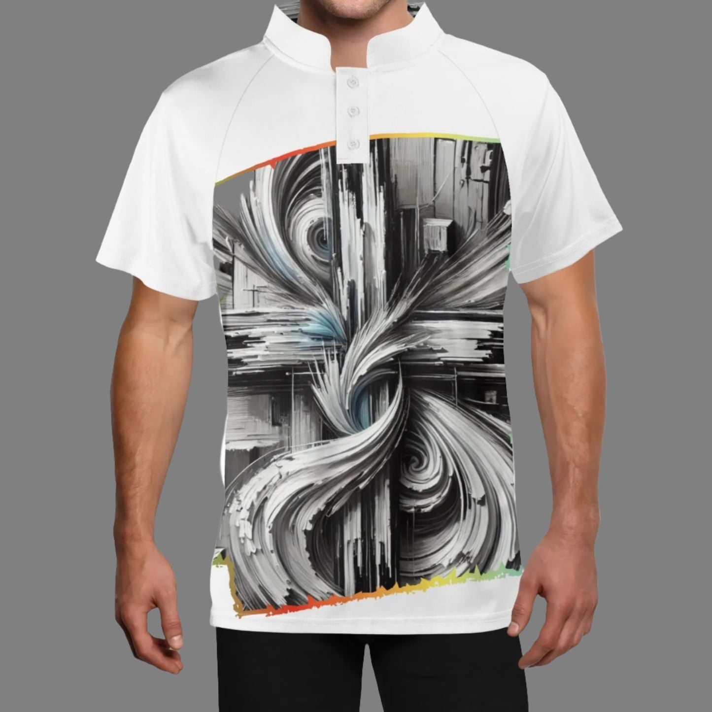 Mens Stand Collar Polo Shirt, "B&W Abstract Print"