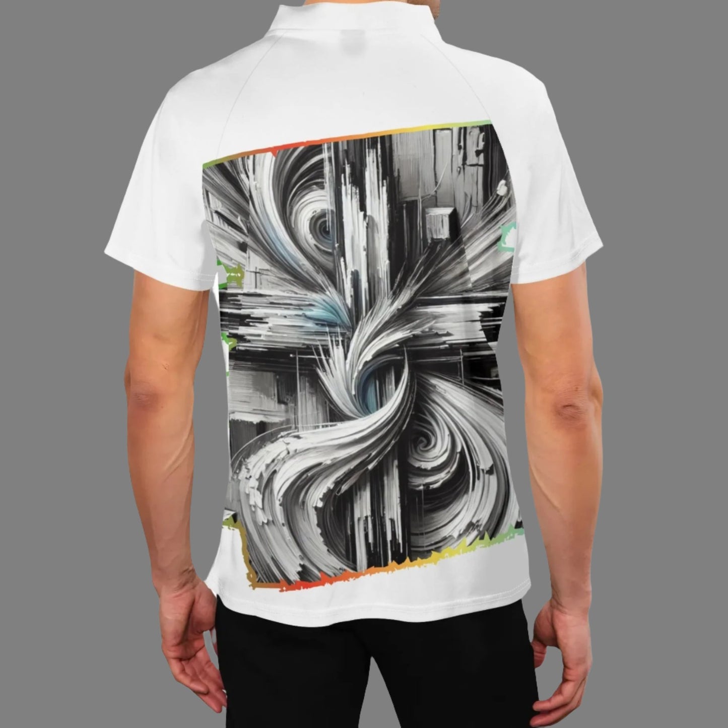 Mens Stand Collar Polo Shirt, "B&W Abstract Print"