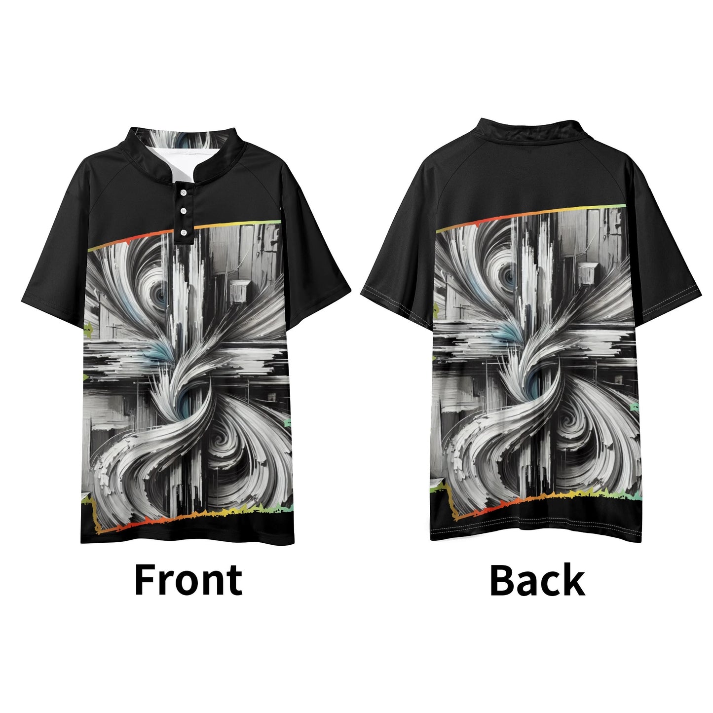 Mens Stand Collar Polo Shirt, "B&W Abstract Print"