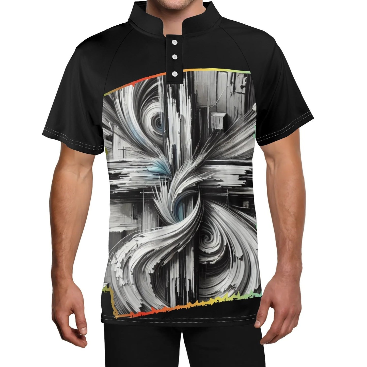 Mens Stand Collar Polo Shirt, "B&W Abstract Print"