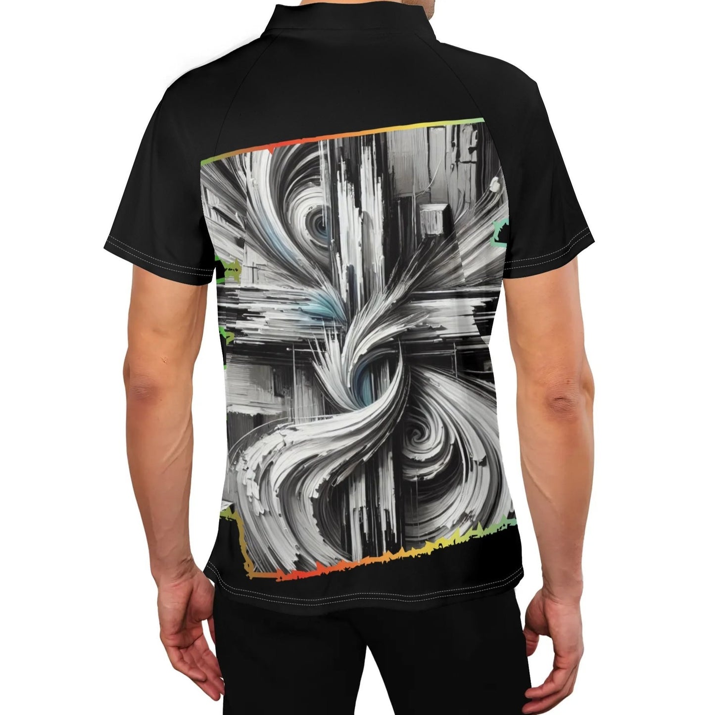 Mens Stand Collar Polo Shirt, "B&W Abstract Print"