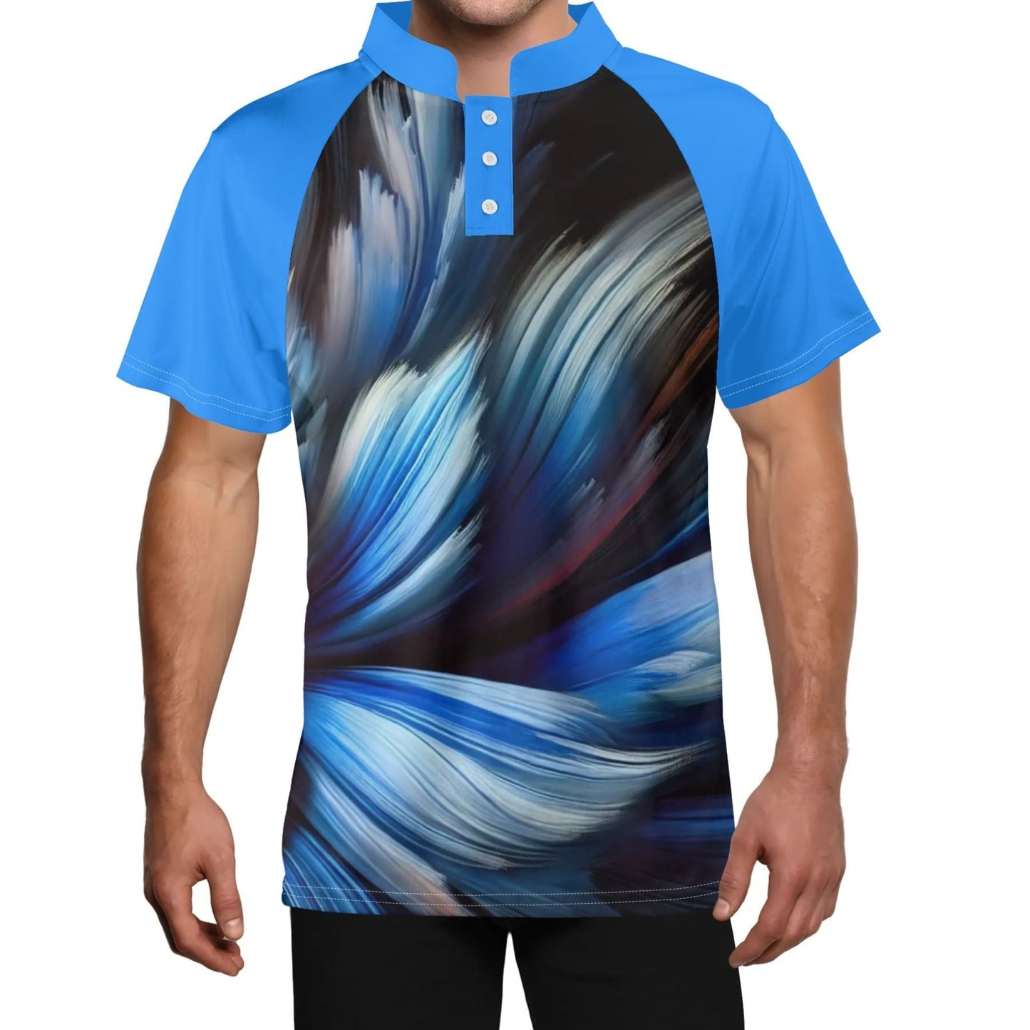 Mens Stand Collar Polo Shirt, "Blue Abstract Print"