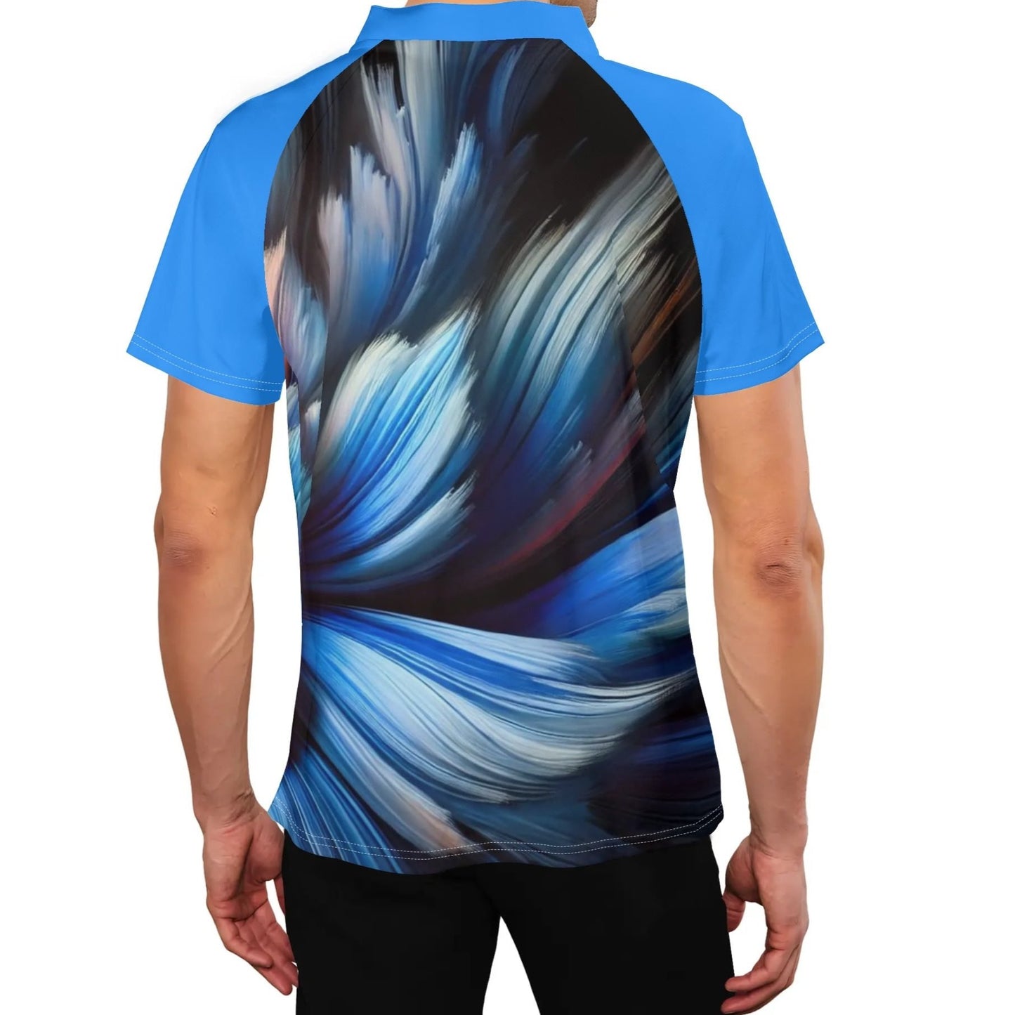 Mens Stand Collar Polo Shirt, "Blue Abstract Print"