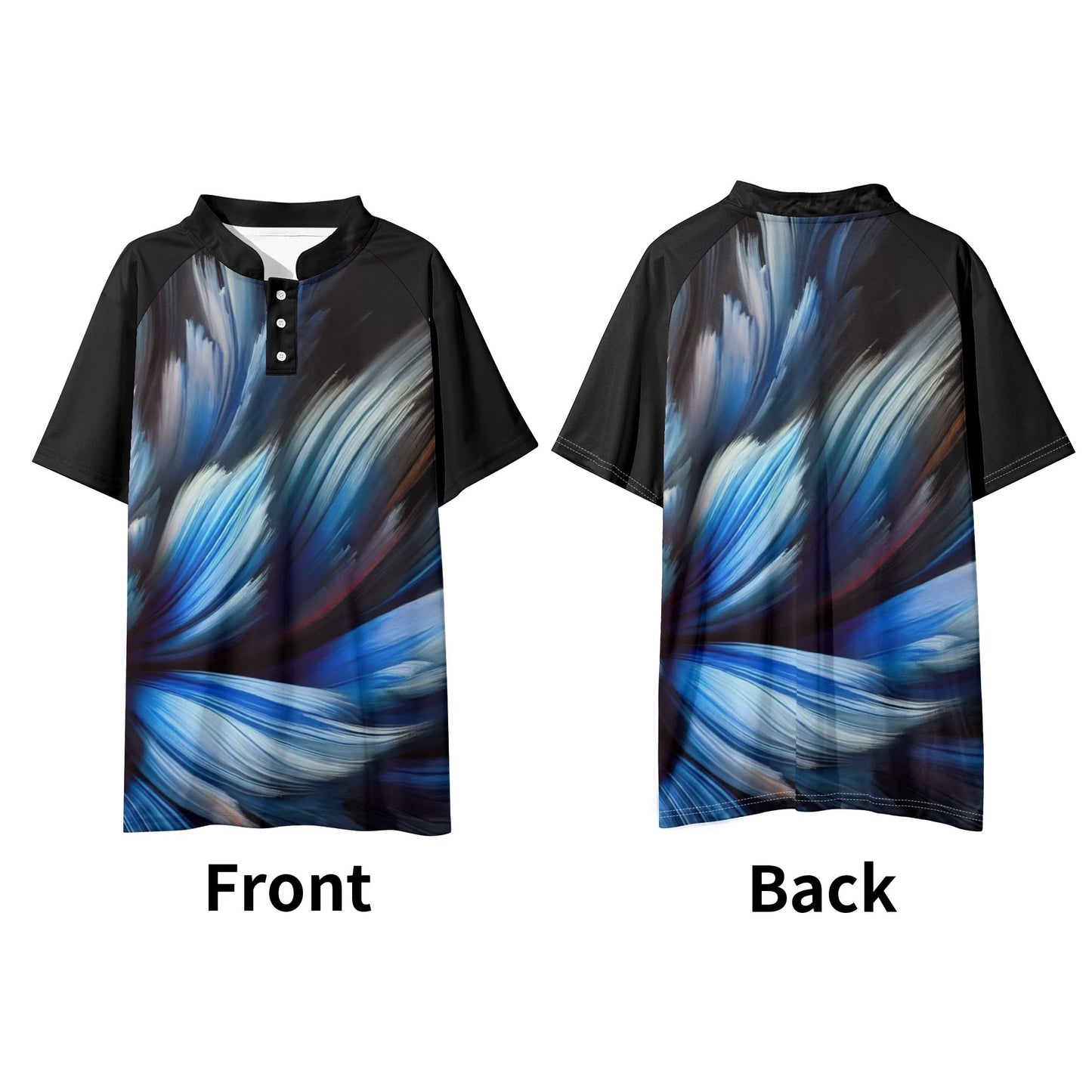 Mens Stand Collar Polo Shirt, "Blue Abstract Print"